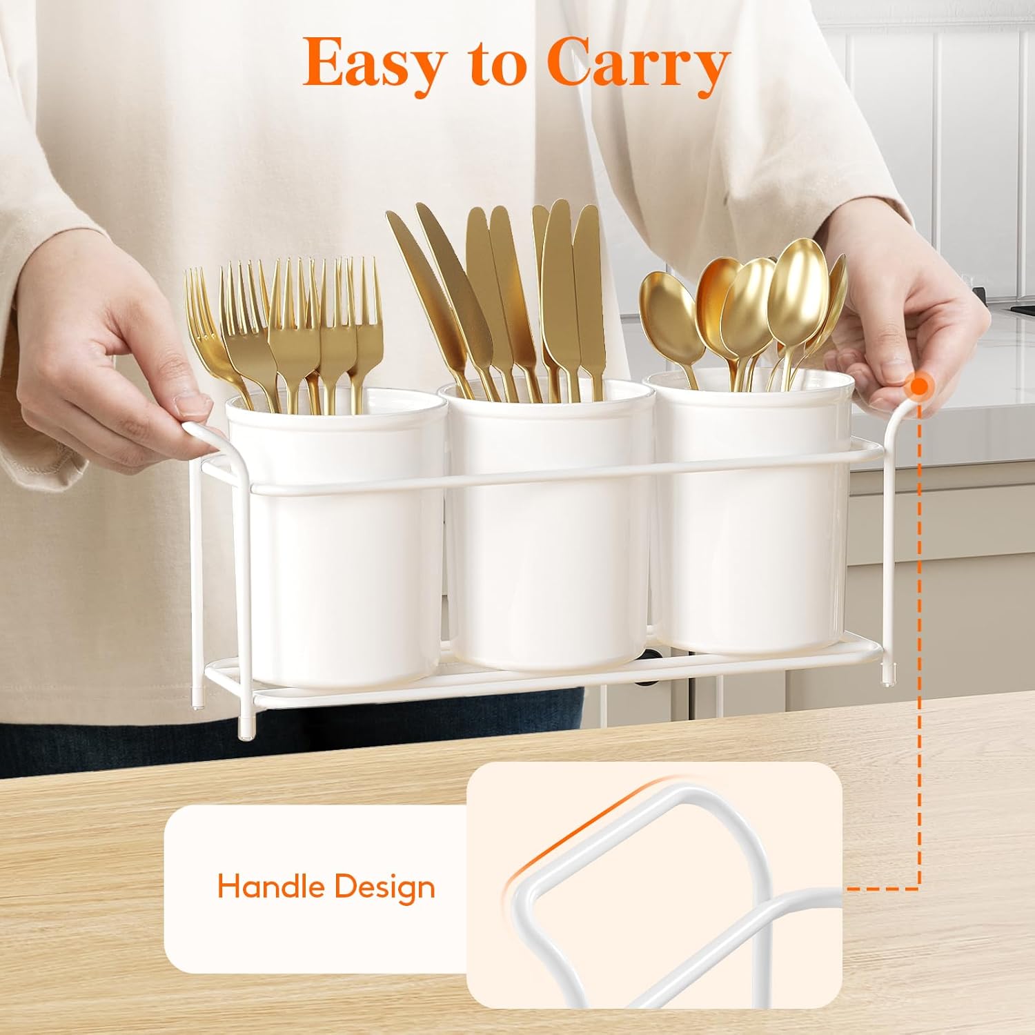 Plastic Silverware Caddy with Metal Rack, Utensil Holder for Party, Cutlery Flatware Organizer for Kitchen Countertop, Forks Spoons Knives Storage for Picnic Camping Outdoor Buffet, White - Image 8