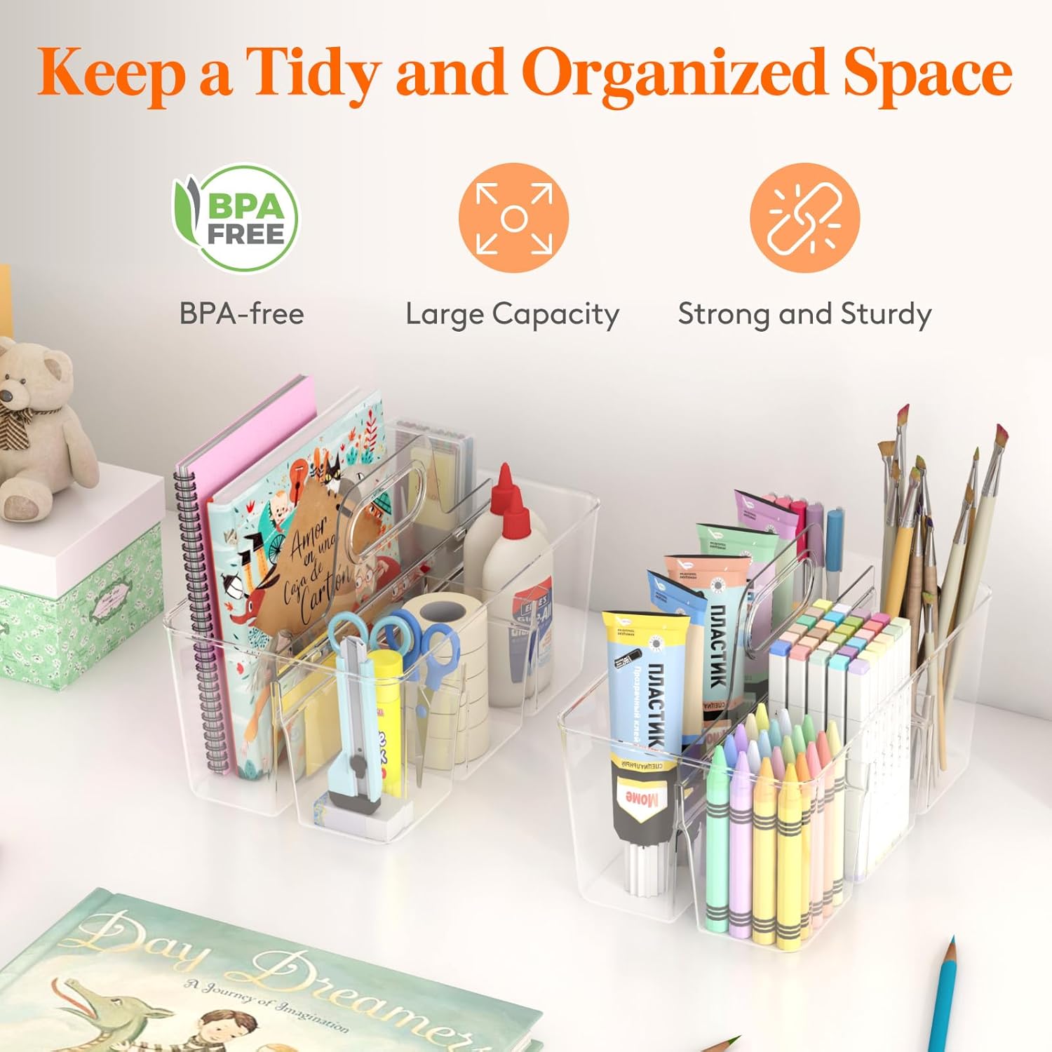 2 Pcs Plastic Caddy Organizer with Handle, Portable Art Supply Storage for Craft Supplies, Cosmetics, Holds Pencil, Crayon, Brhes, Hair Product, Dorm Shower Caddy, Clear, 25 x 15x 17cm - Image 2