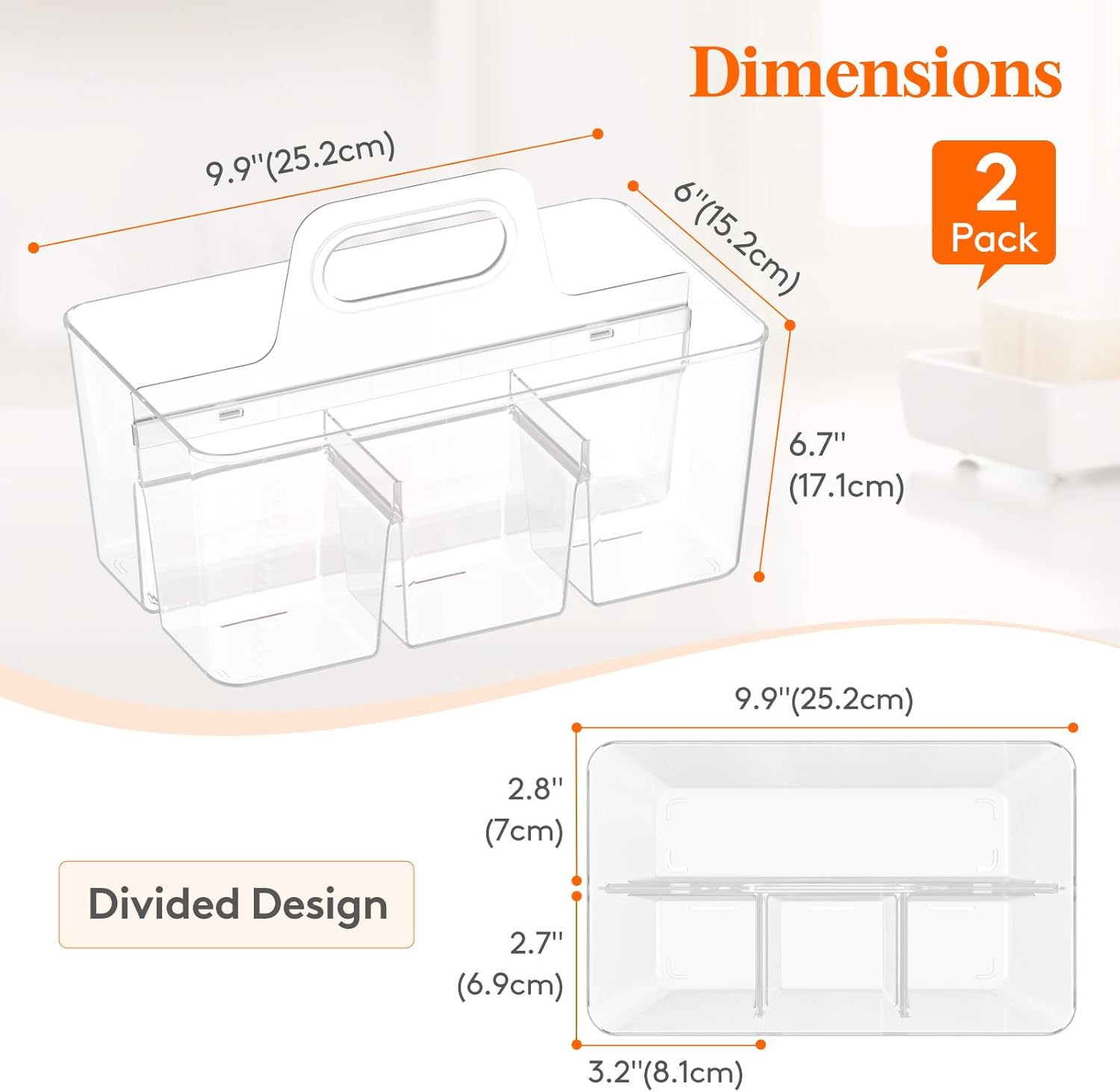 2 Pcs Plastic Caddy Organizer with Handle, Portable Art Supply Storage for Craft Supplies, Cosmetics, Holds Pencil, Crayon, Brhes, Hair Product, Dorm Shower Caddy, Clear, 25 x 15x 17cm - Image 3