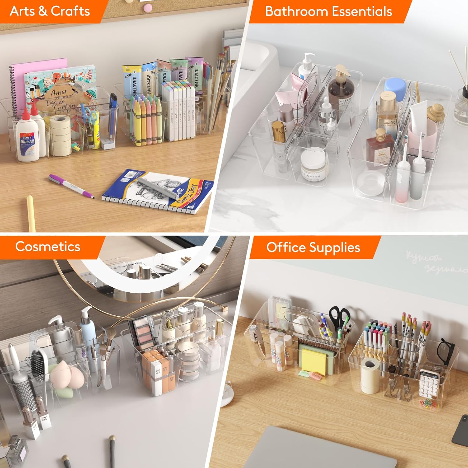2 Pcs Plastic Caddy Organizer with Handle, Portable Art Supply Storage for Craft Supplies, Cosmetics, Holds Pencil, Crayon, Brhes, Hair Product, Dorm Shower Caddy, Clear, 25 x 15x 17cm - Image 4