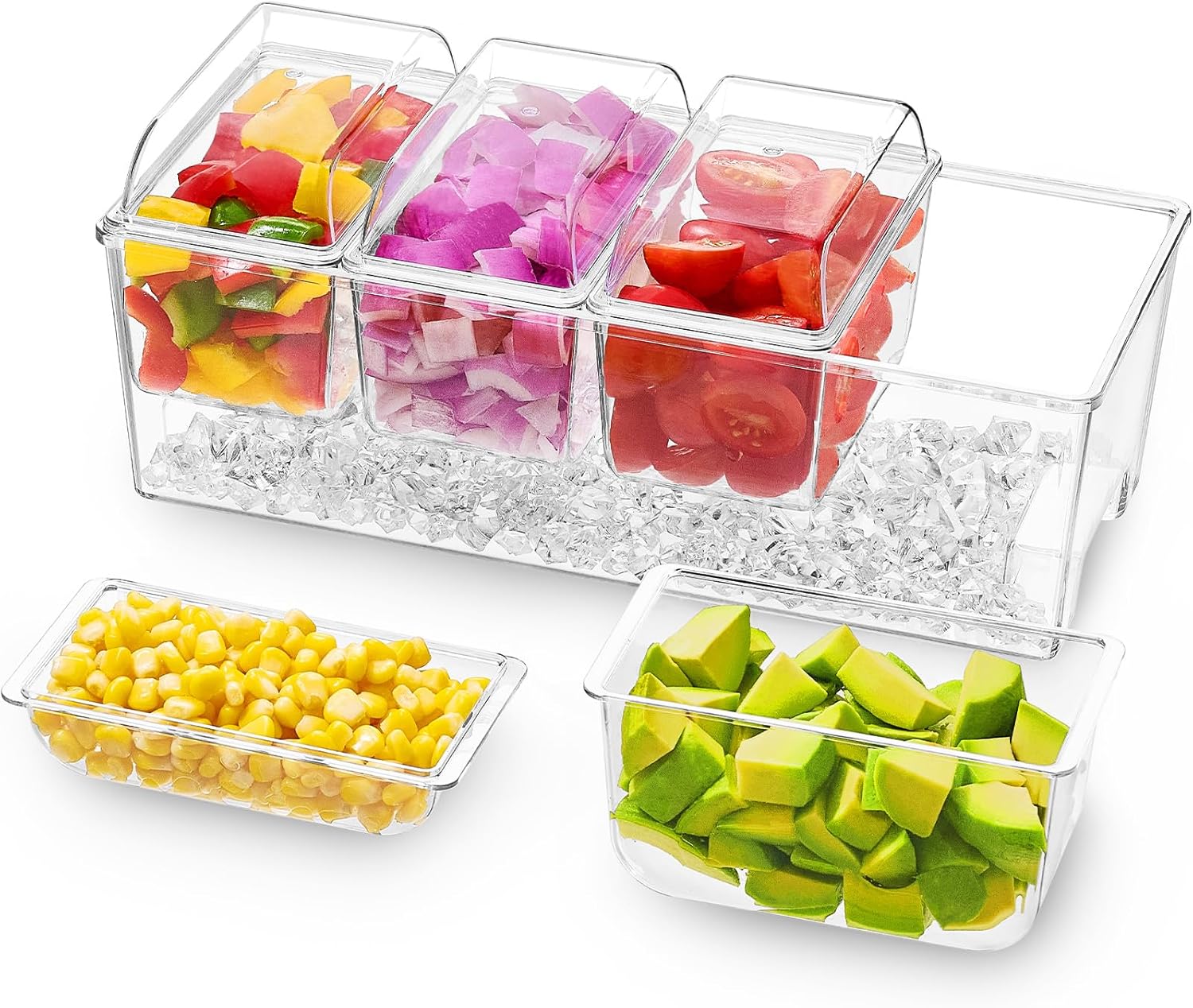 Taco Bar Serving Set for Party with 4 x 20 oz Containers, Ice Chilled Condiment Caddy Organizer, Garnish Serving Tray Platter for Mimosa Bar Accessories, Fruit, Salad, Food - Image 1