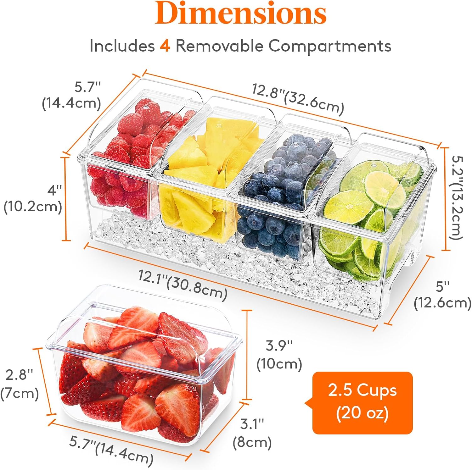Taco Bar Serving Set for Party with 4 x 20 oz Containers, Ice Chilled Condiment Caddy Organizer, Garnish Serving Tray Platter for Mimosa Bar Accessories, Fruit, Salad, Food - Image 3