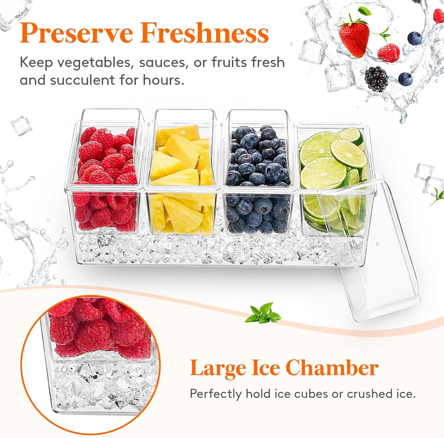 Taco Bar Serving Set for Party with 4 x 20 oz Containers, Ice Chilled Condiment Caddy Organizer, Garnish Serving Tray Platter for Mimosa Bar Accessories, Fruit, Salad, Food - Image 4