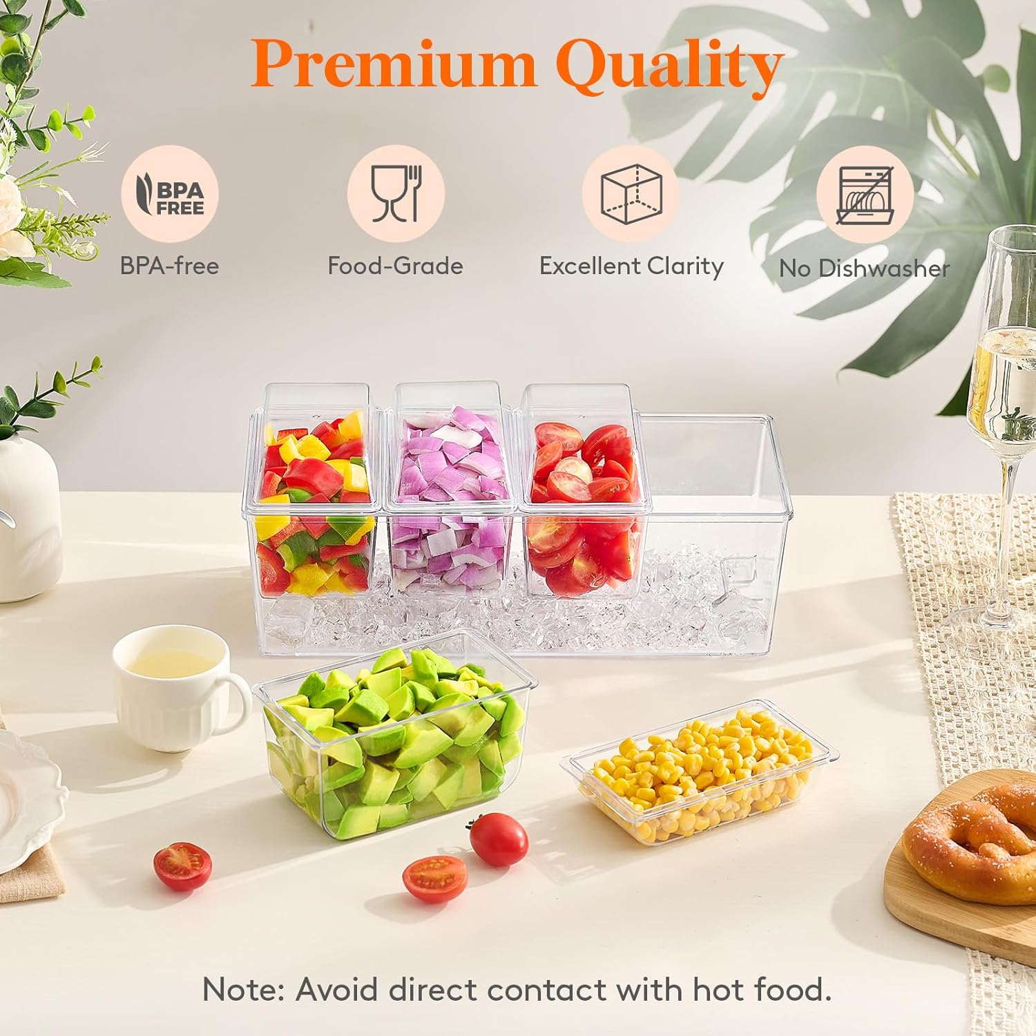 Taco Bar Serving Set for Party with 4 x 20 oz Containers, Ice Chilled Condiment Caddy Organizer, Garnish Serving Tray Platter for Mimosa Bar Accessories, Fruit, Salad, Food - Image 5