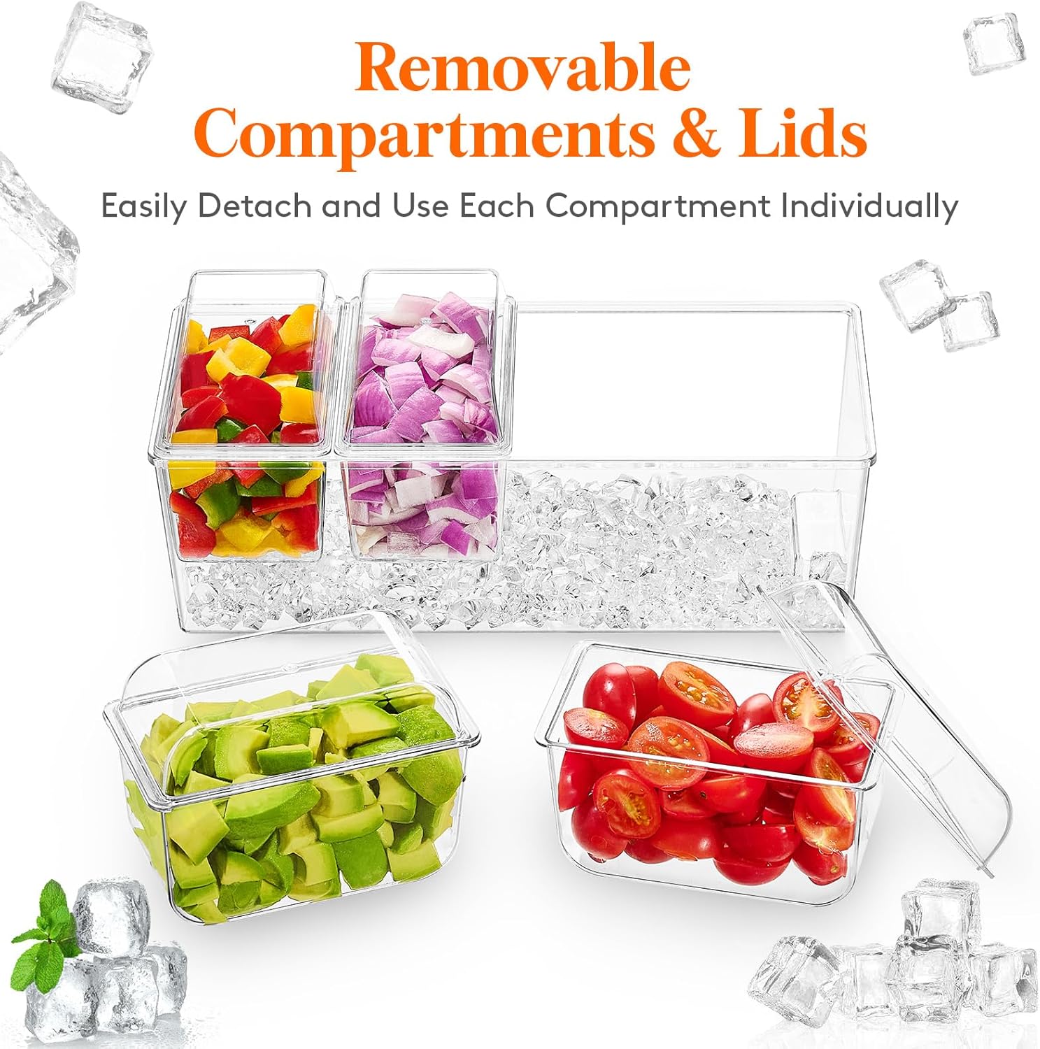Taco Bar Serving Set for Party with 4 x 20 oz Containers, Ice Chilled Condiment Caddy Organizer, Garnish Serving Tray Platter for Mimosa Bar Accessories, Fruit, Salad, Food - Image 6