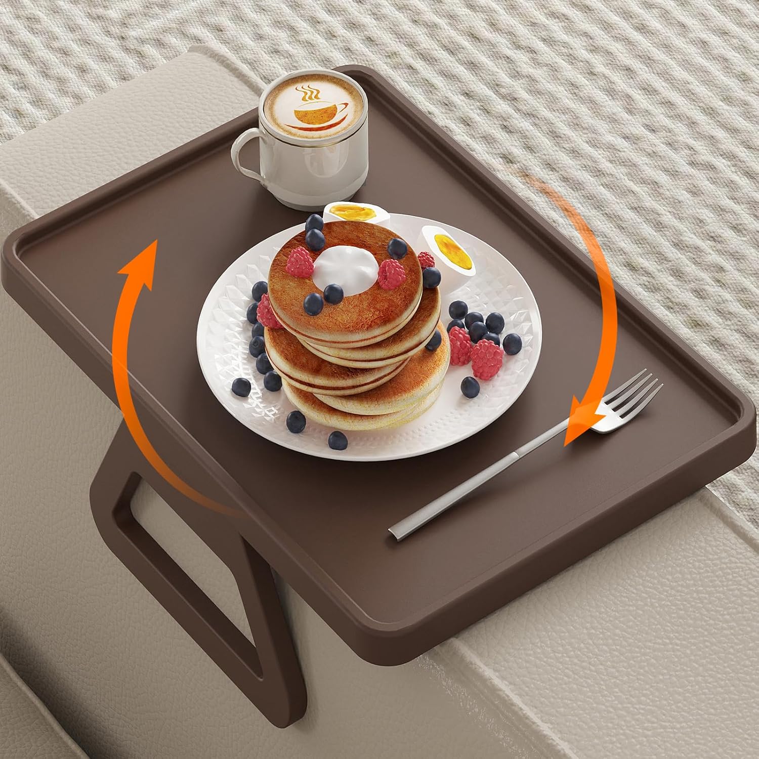 Plastic Rotating Couch Armrest Table, Adjtable Sofa Arm Clip Holder Tray for Snack/Fast Food/Fruit/Drink, Large Foldable Stable Sofa Table with Reinforced Clamp, Brown - Image 1