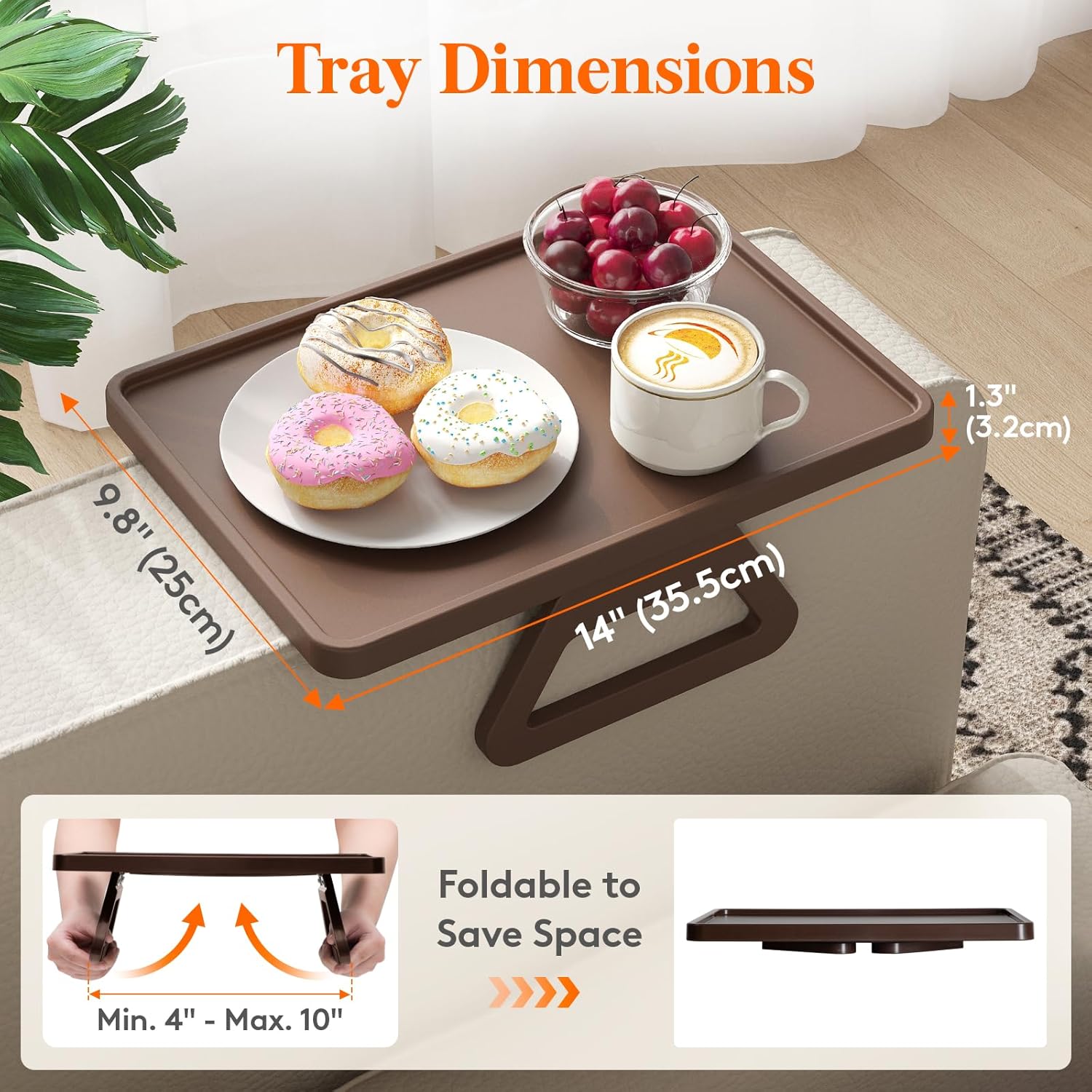 Plastic Rotating Couch Armrest Table, Adjtable Sofa Arm Clip Holder Tray for Snack/Fast Food/Fruit/Drink, Large Foldable Stable Sofa Table with Reinforced Clamp, Brown - Image 2