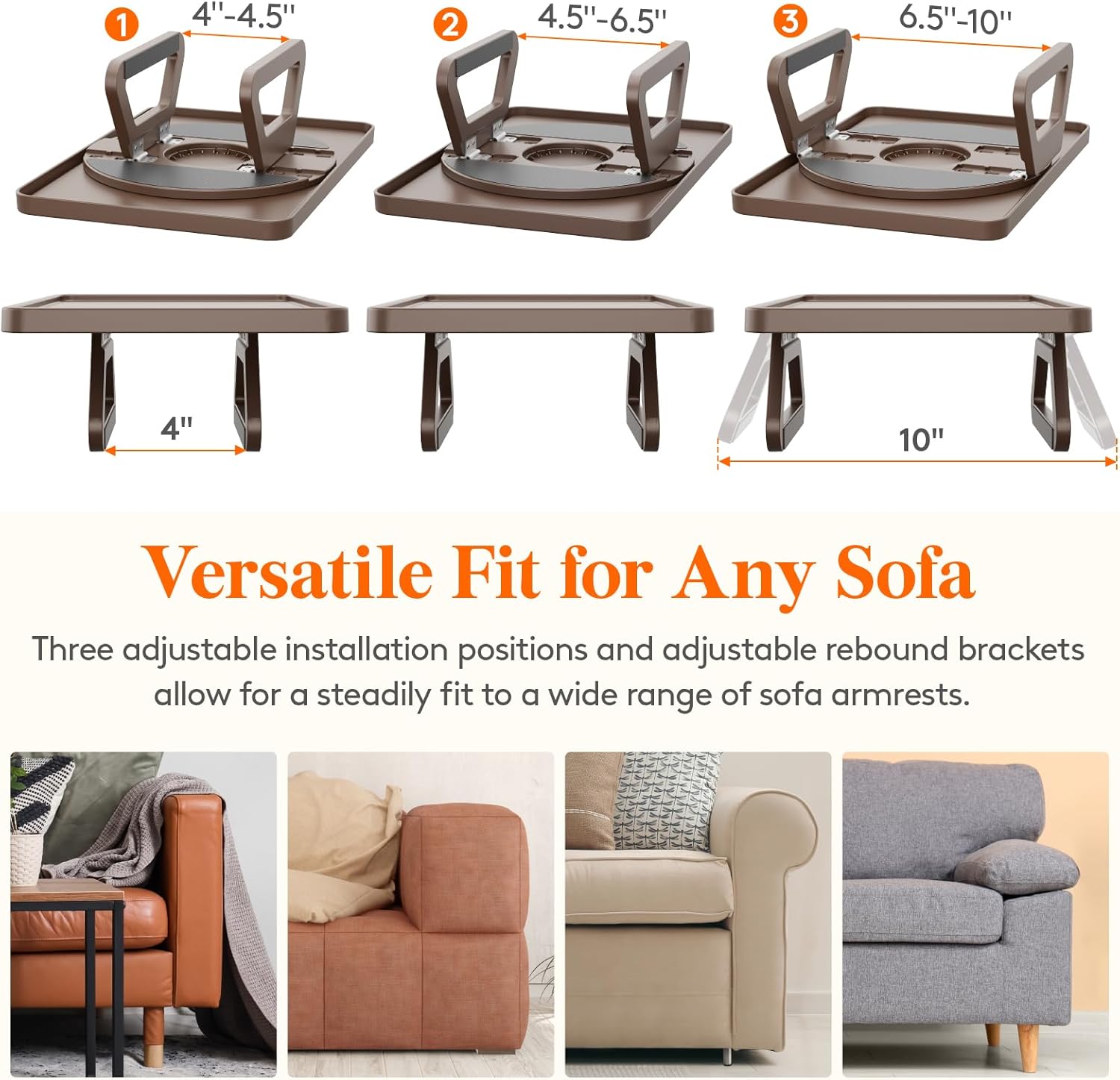 Plastic Rotating Couch Armrest Table, Adjtable Sofa Arm Clip Holder Tray for Snack/Fast Food/Fruit/Drink, Large Foldable Stable Sofa Table with Reinforced Clamp, Brown - Image 4