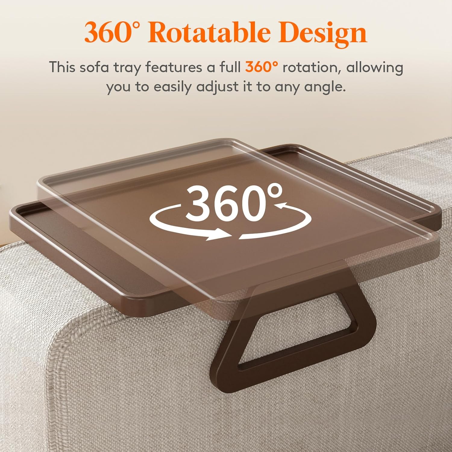 Plastic Rotating Couch Armrest Table, Adjtable Sofa Arm Clip Holder Tray for Snack/Fast Food/Fruit/Drink, Large Foldable Stable Sofa Table with Reinforced Clamp, Brown - Image 5