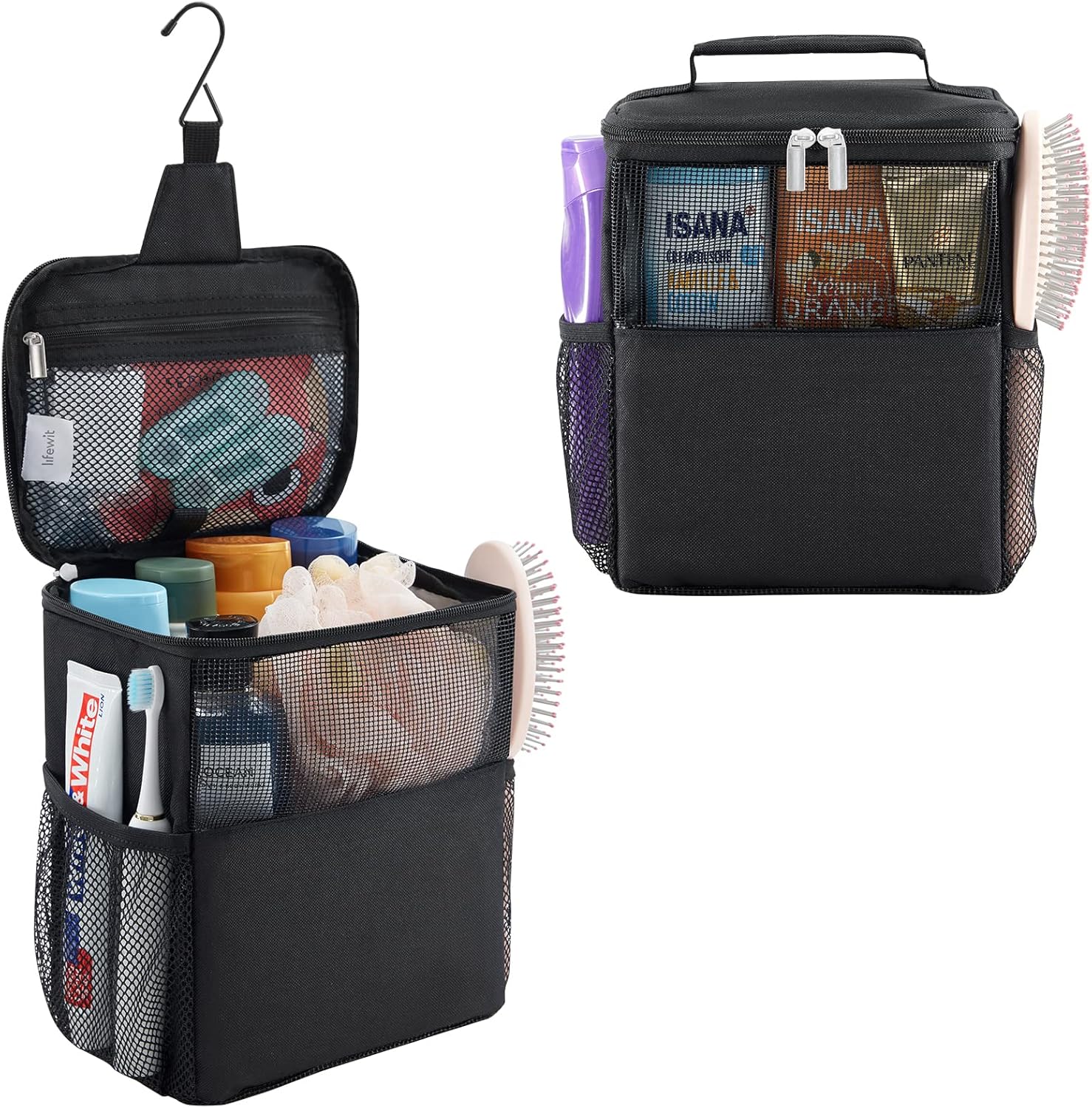 Shower Bag Mesh Shower Caddy Portable College Dorm Room Essentials Tote Bag for Bathroom, Gym, Travel, Camping Quick Dry Hanging Shower Organizer Basket Toiletry Bag, Medium, Black - Image 1