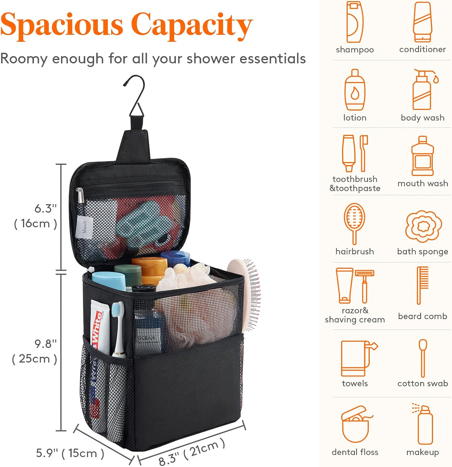 Shower Bag Mesh Shower Caddy Portable College Dorm Room Essentials Tote Bag for Bathroom, Gym, Travel, Camping Quick Dry Hanging Shower Organizer Basket Toiletry Bag, Medium, Black - Image 2