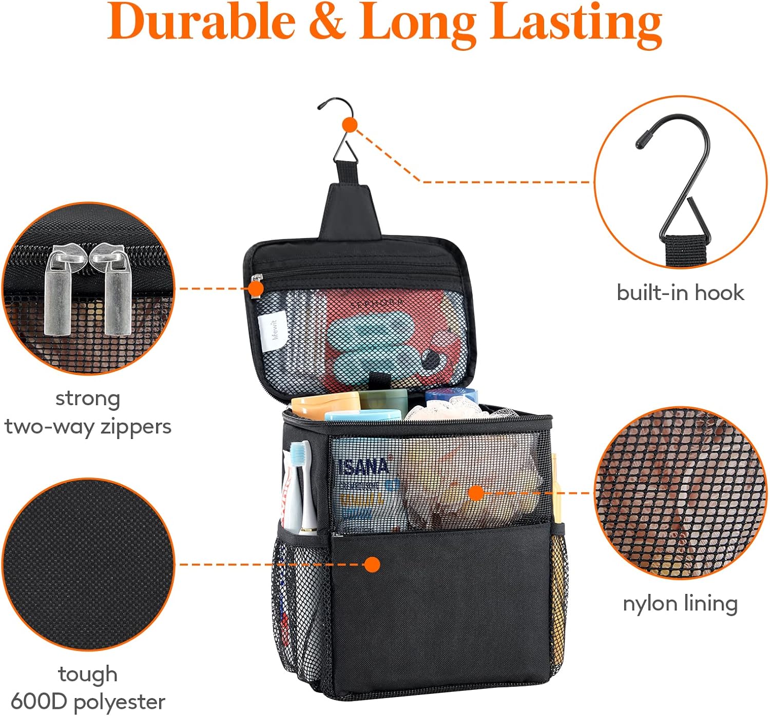 Shower Bag Mesh Shower Caddy Portable College Dorm Room Essentials Tote Bag for Bathroom, Gym, Travel, Camping Quick Dry Hanging Shower Organizer Basket Toiletry Bag, Medium, Black - Image 3