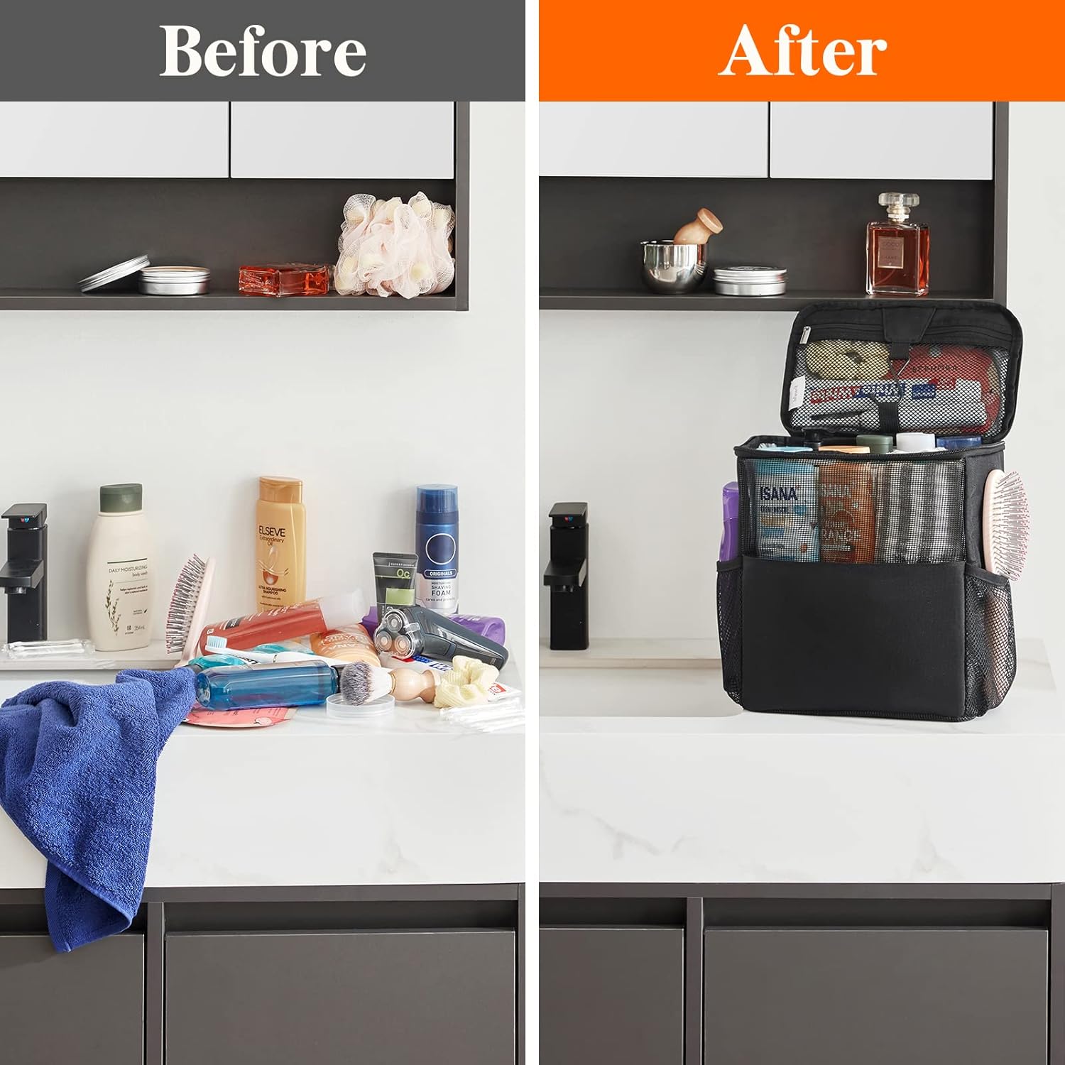 Shower Bag Mesh Shower Caddy Portable College Dorm Room Essentials Tote Bag for Bathroom, Gym, Travel, Camping Quick Dry Hanging Shower Organizer Basket Toiletry Bag, Medium, Black - Image 7