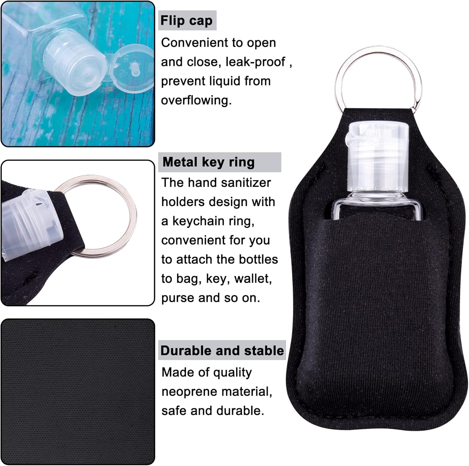 60 Pieces Hand Sanitizer Holder Empty Travel Size Bottles Set Including 30 Pieces Clear Refillable Bottles and 30 Pieces Black Hand Sanitizer Holders for Keychain Backpack and Purse - Image 3