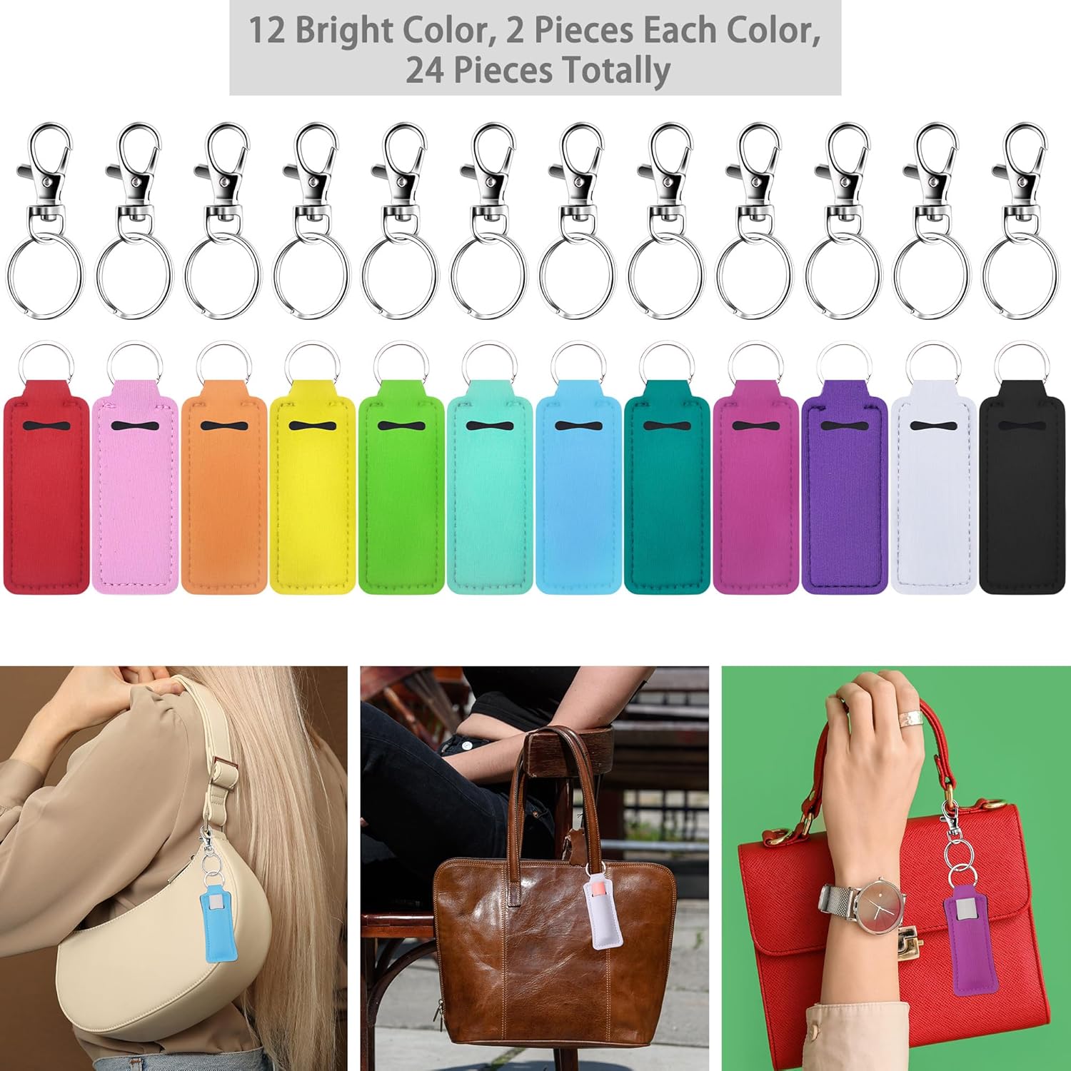 24 Pieces Chapstick Keychain Holder Lip Balm Holder Keychains Neoprene Lipstick Holder with 24 Pieces Metal Clip Cords for Purse Backpack - Image 2