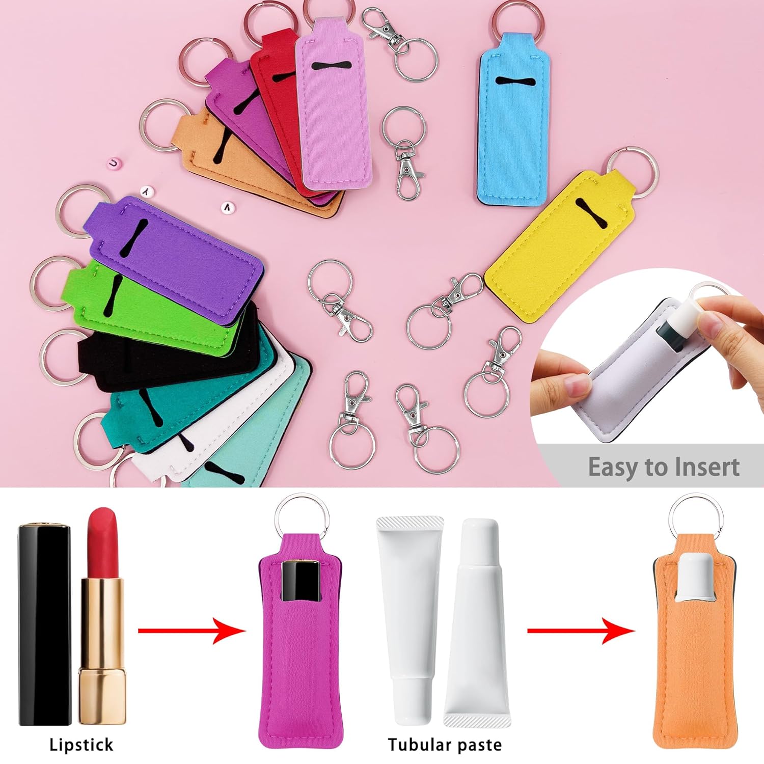 24 Pieces Chapstick Keychain Holder Lip Balm Holder Keychains Neoprene Lipstick Holder with 24 Pieces Metal Clip Cords for Purse Backpack - Image 5