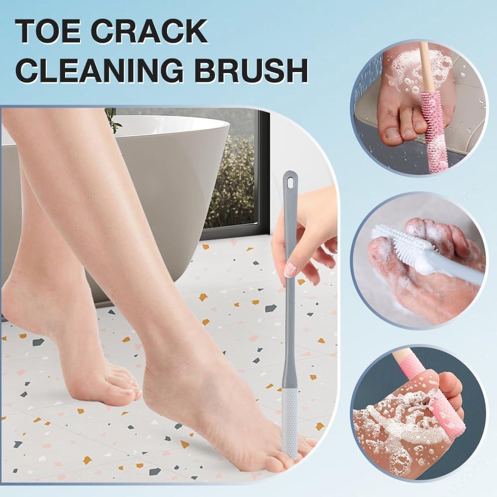 Toe Gap Cleaning Brush, Foot Back Scrubber in Shower, Long Handle Foot Bath Brush, Silicone Body Scrubber, Exfoliating for Men and Women (Gray) - Image 2