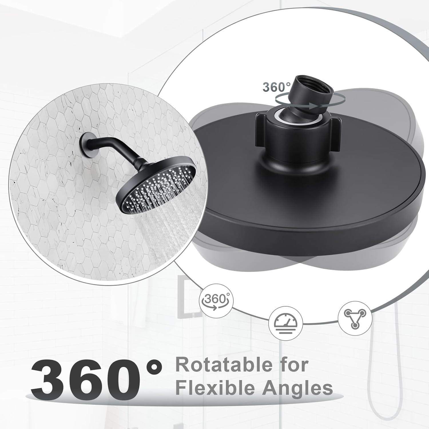 Shower Head High Pressure Rain, Luxury Bathroom Showerhead with Adjustable Angles, Anti-Clogging Silicone Nozzles - 6 Inch Round, Matte Black - Image 3