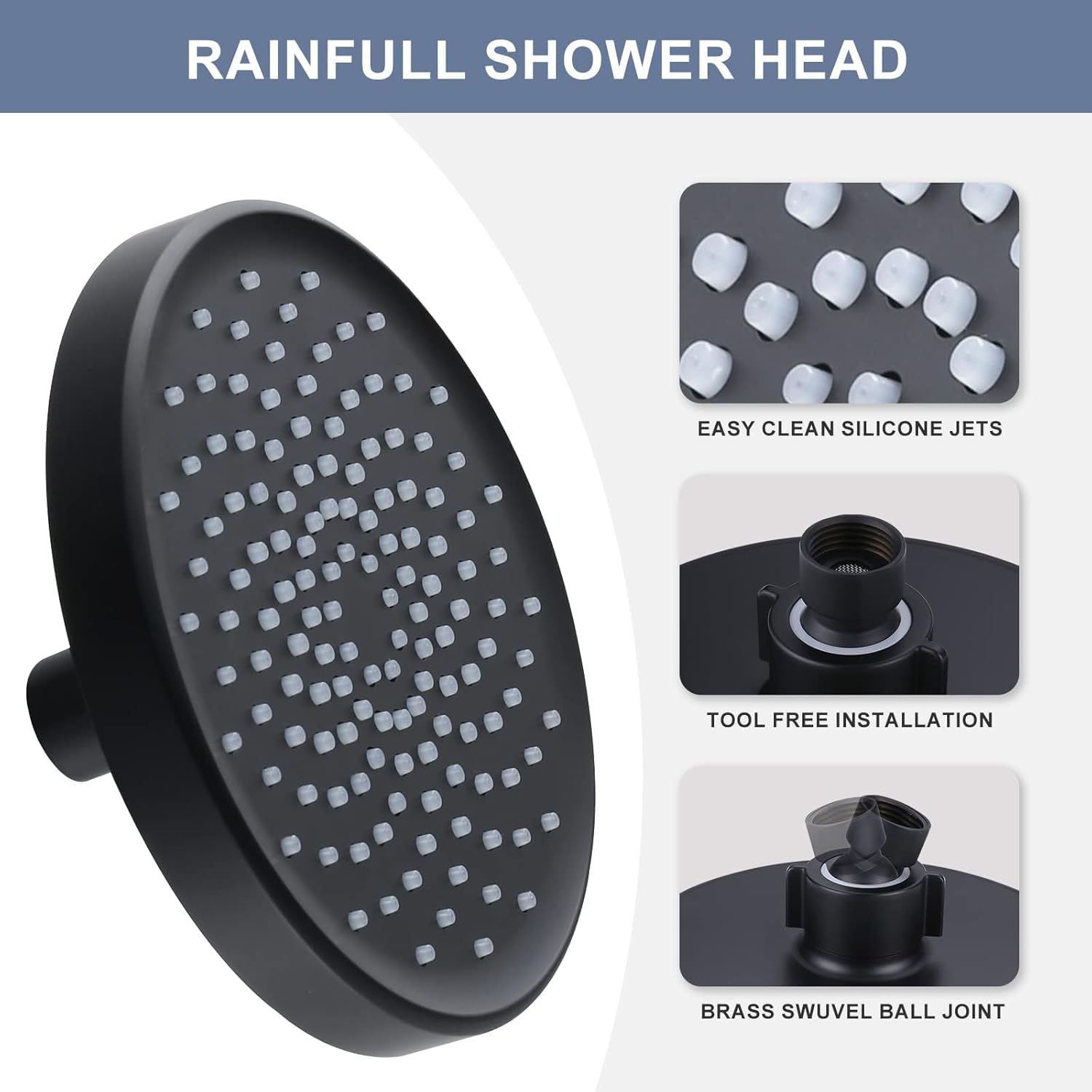 Shower Head High Pressure Rain, Luxury Bathroom Showerhead with Adjustable Angles, Anti-Clogging Silicone Nozzles - 6 Inch Round, Matte Black - Image 6