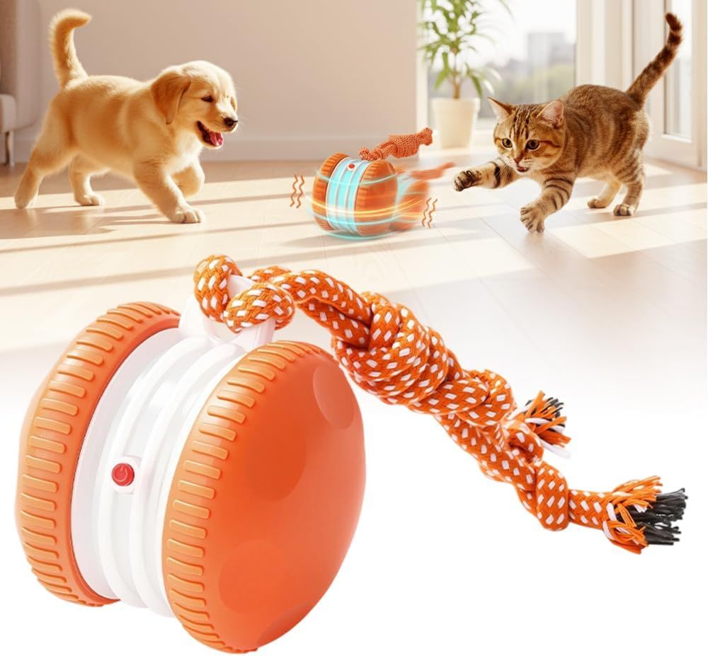 Interactive Dog Toys for Small Large Dogs,Moving Dog Toys to Keep Them Busy,Automatic Electric Rolling Ball with Rope,Dog Interactive Toys for Boredom (Orange) - Image 1