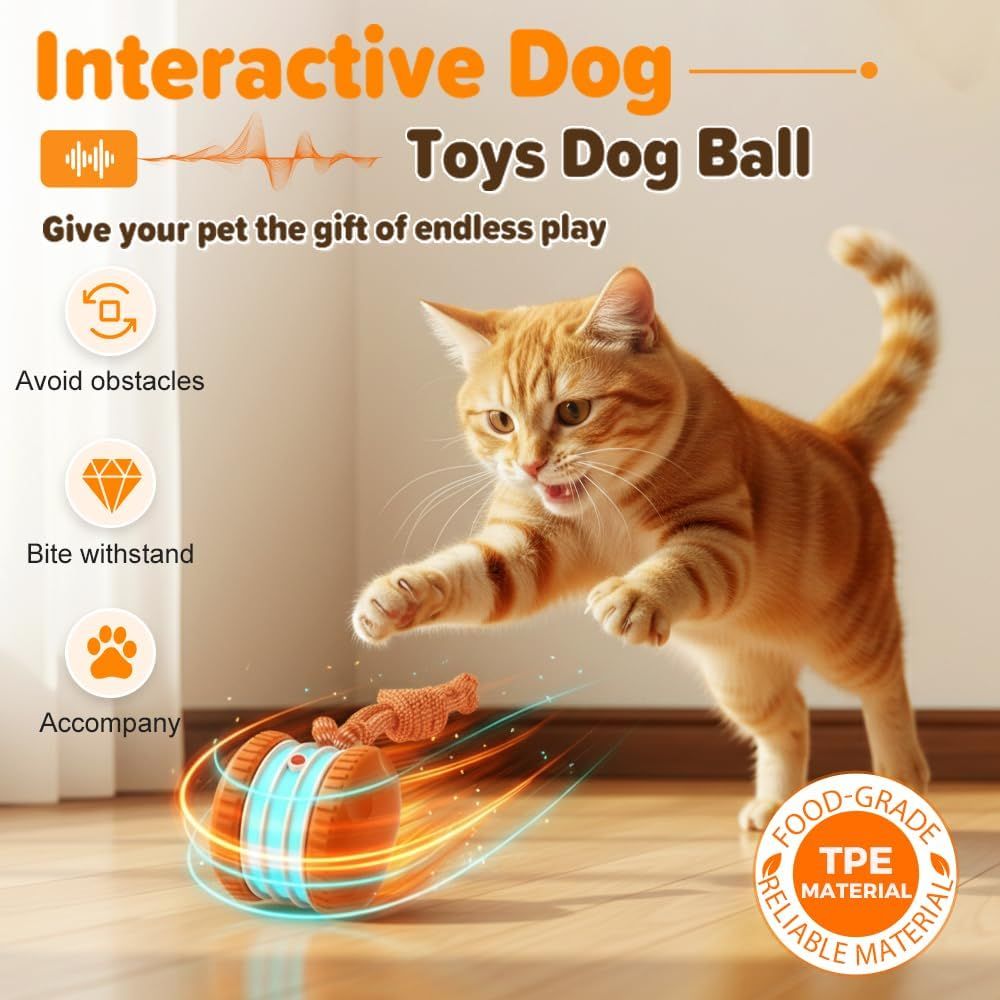 Interactive Dog Toys for Small Large Dogs,Moving Dog Toys to Keep Them Busy,Automatic Electric Rolling Ball with Rope,Dog Interactive Toys for Boredom (Orange) - Image 2