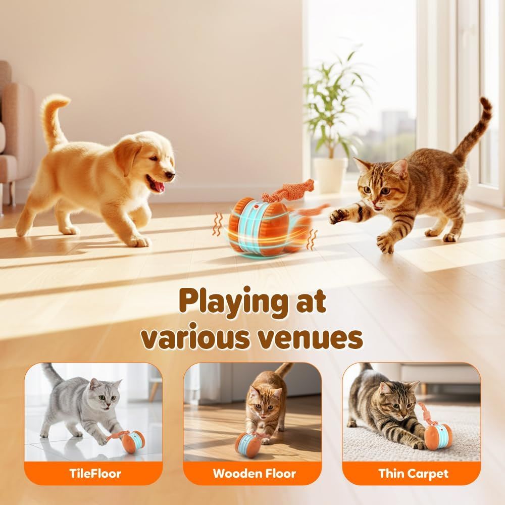 Interactive Dog Toys for Small Large Dogs,Moving Dog Toys to Keep Them Busy,Automatic Electric Rolling Ball with Rope,Dog Interactive Toys for Boredom (Orange) - Image 3