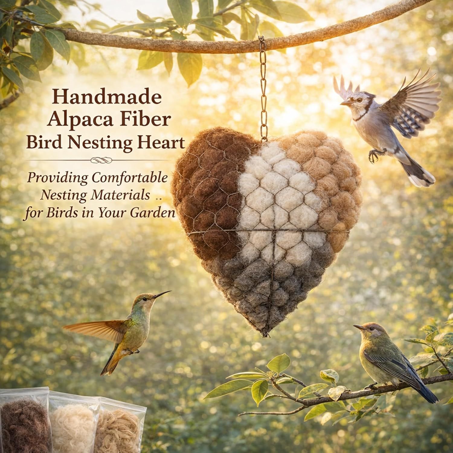 2PCS Alpaca Fiber Bird Nesting, Handmade Alpaca Fiber Bird Nesting Heart (Stuffable), 3 Bags of Nesting Materials, Warm Nests for Winter Birds, for Home Gardens and Wild Birds (2 PCS) - Image 2