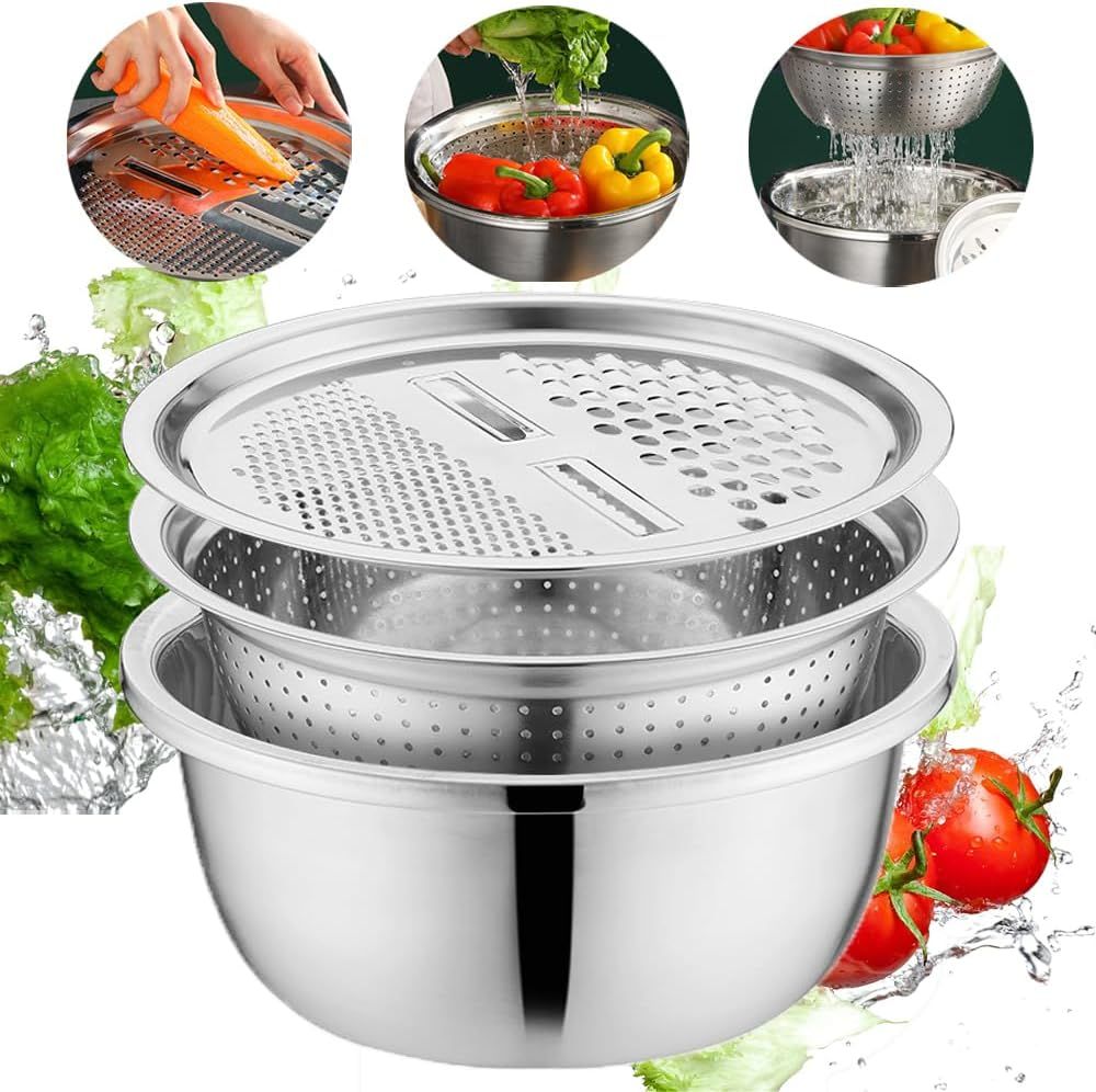 Germany Multifunctional Stainless Steel Basin, Multifunction Stainless Steel Basin with Grater 3 in 1 Vegetable Cutter for Kitchen, Vegetable Slicer Grater Strainer and Drain Basket (10.2 inch) - Image 1