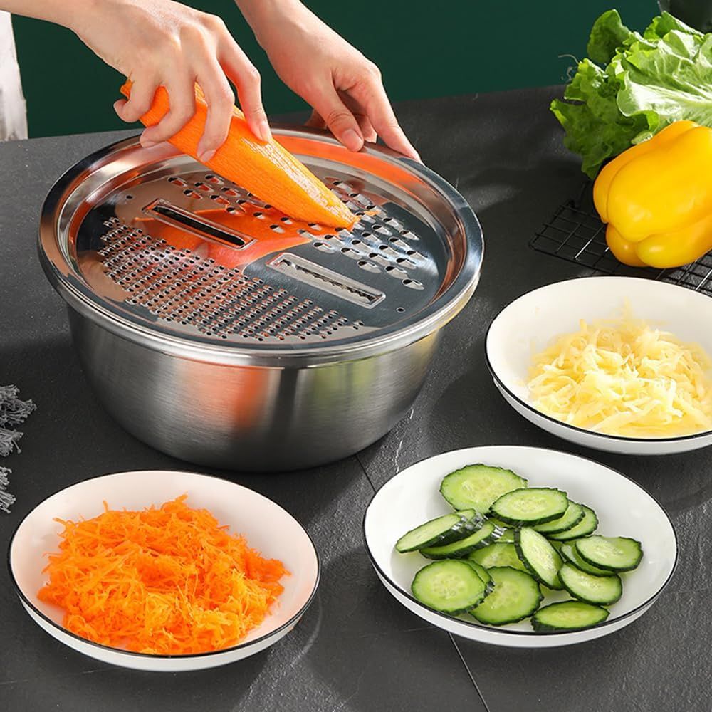 Germany Multifunctional Stainless Steel Basin, Multifunction Stainless Steel Basin with Grater 3 in 1 Vegetable Cutter for Kitchen, Vegetable Slicer Grater Strainer and Drain Basket (10.2 inch) - Image 2