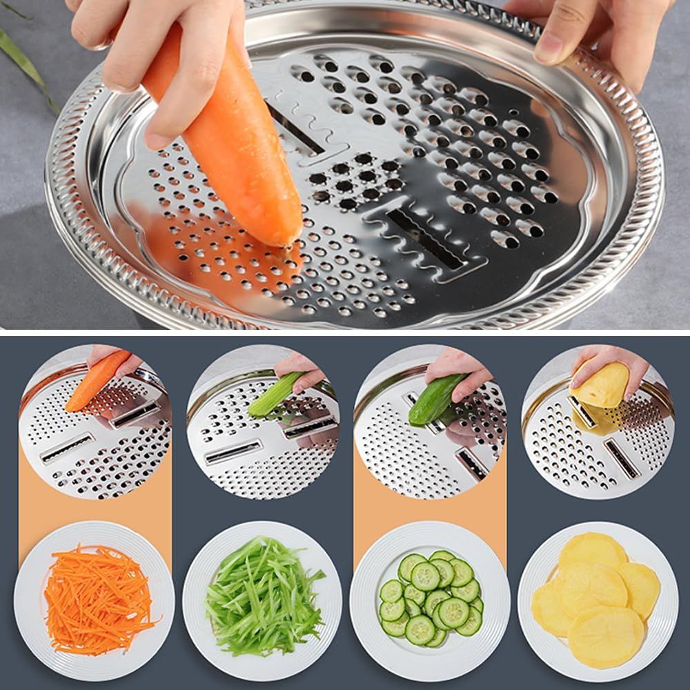 Germany Multifunctional Stainless Steel Basin, Multifunction Stainless Steel Basin with Grater 3 in 1 Vegetable Cutter for Kitchen, Vegetable Slicer Grater Strainer and Drain Basket (10.2 inch) - Image 3