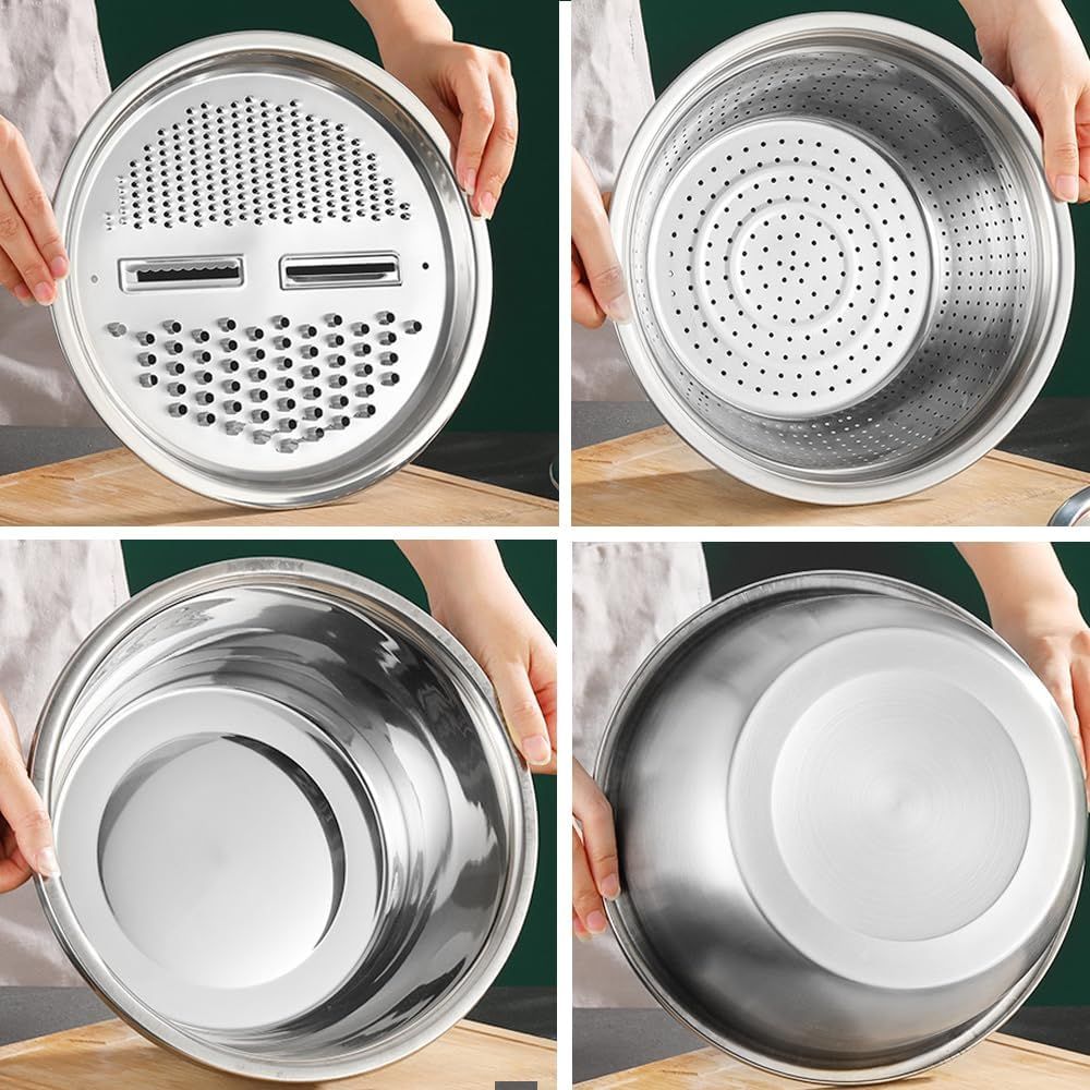 Germany Multifunctional Stainless Steel Basin, Multifunction Stainless Steel Basin with Grater 3 in 1 Vegetable Cutter for Kitchen, Vegetable Slicer Grater Strainer and Drain Basket (10.2 inch) - Image 4