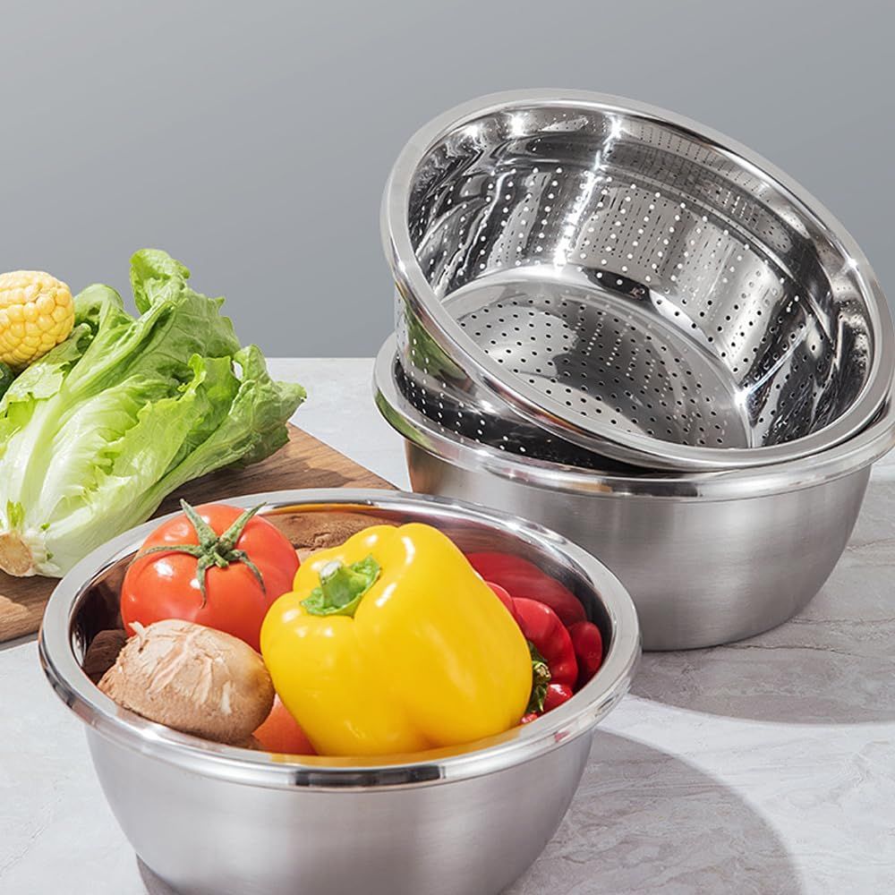 Germany Multifunctional Stainless Steel Basin, Multifunction Stainless Steel Basin with Grater 3 in 1 Vegetable Cutter for Kitchen, Vegetable Slicer Grater Strainer and Drain Basket (10.2 inch) - Image 5