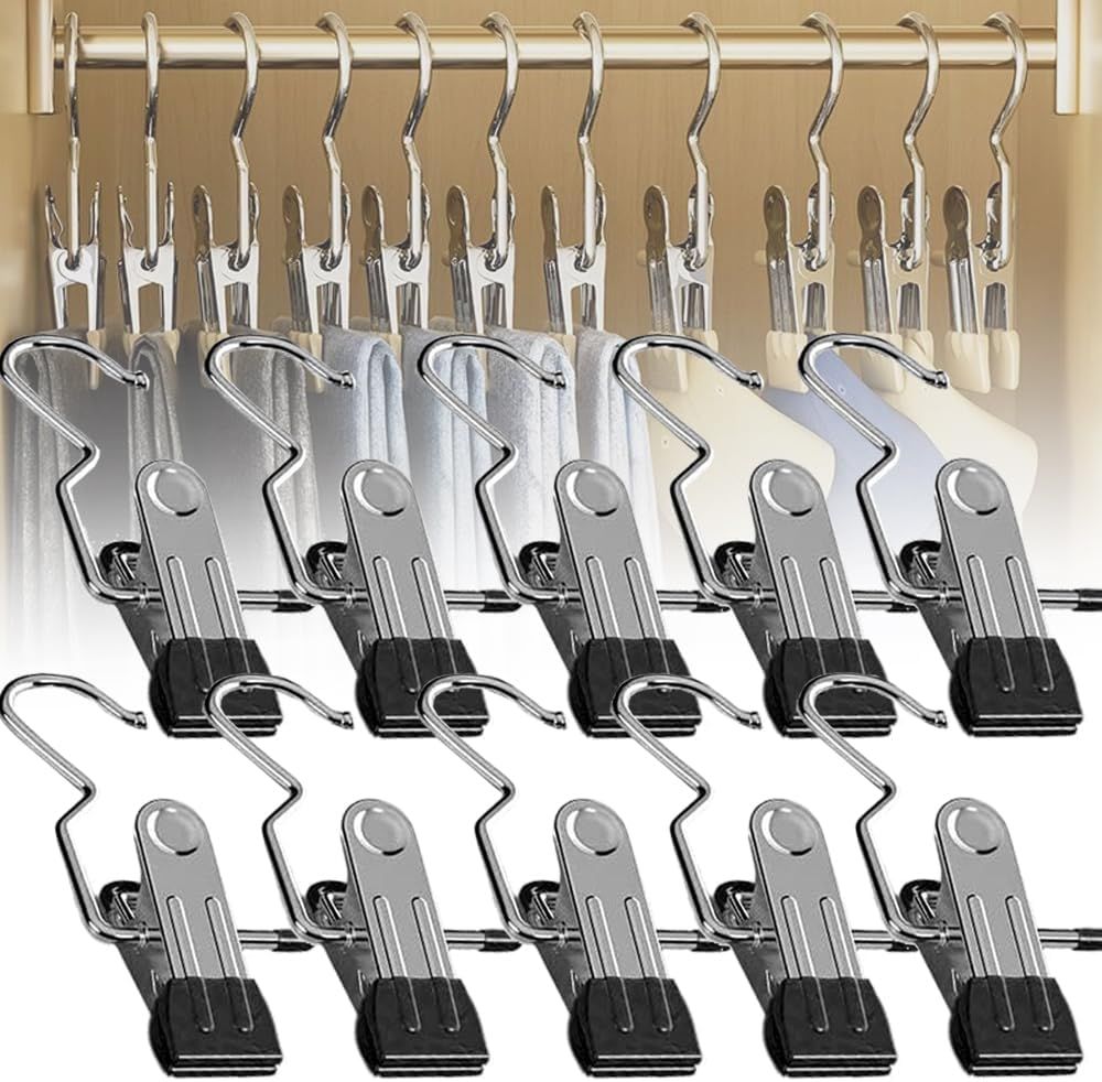 Space-Saving Clothespin Hat Pants Storage Hanging Travel Hook, Stainless Steel Boot Hangers Clips Boot Hangers for Closet, Laundry Hooks Hanging Clips Clothes Pins Socks Towel Clips (Black, 10Pcs) - Image 1