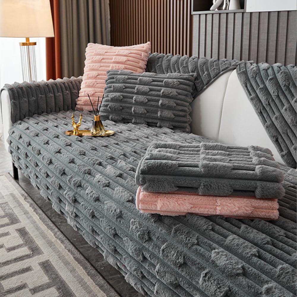 Super Soft Plush Non-Slip Sofa Cushion Covers, Thick Rabbit Plush Sofa Cushion Super Soft Faux Fur Throw Pillow Cover, Fluffy Couch Cushion Covers (Dark Grey, Sofa Cushion 110 * 110cm) - Image 1