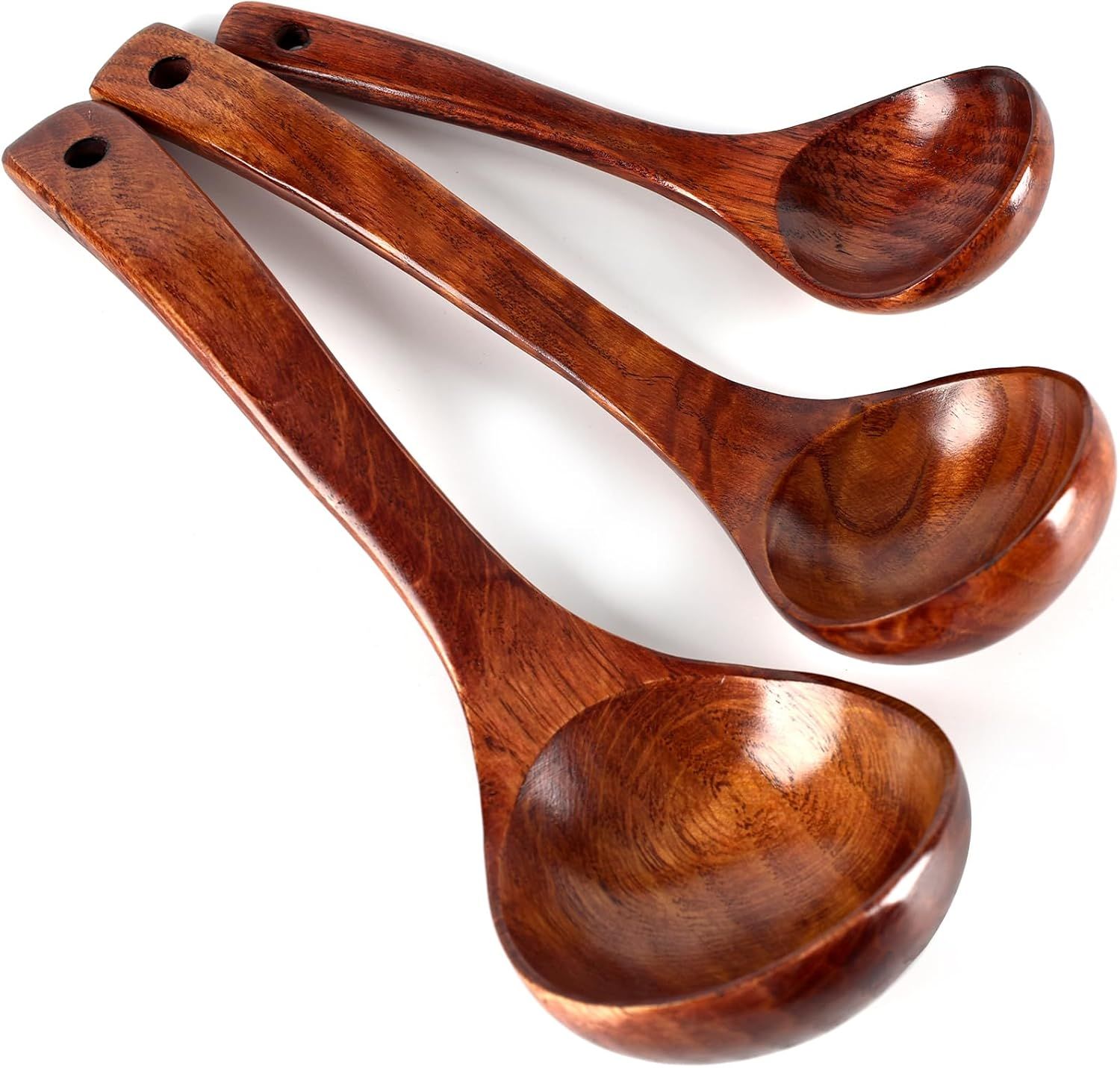 Wooden Ladle for Soup, 3 Size Wooden Spoons for Deep Pot & Bowl, Heat Resistant Handles, Non-Stick Wood Kitchen Utensils Set for Cooking, Serving and Stirring Thick Stews, House Warming Gifts - Image 1