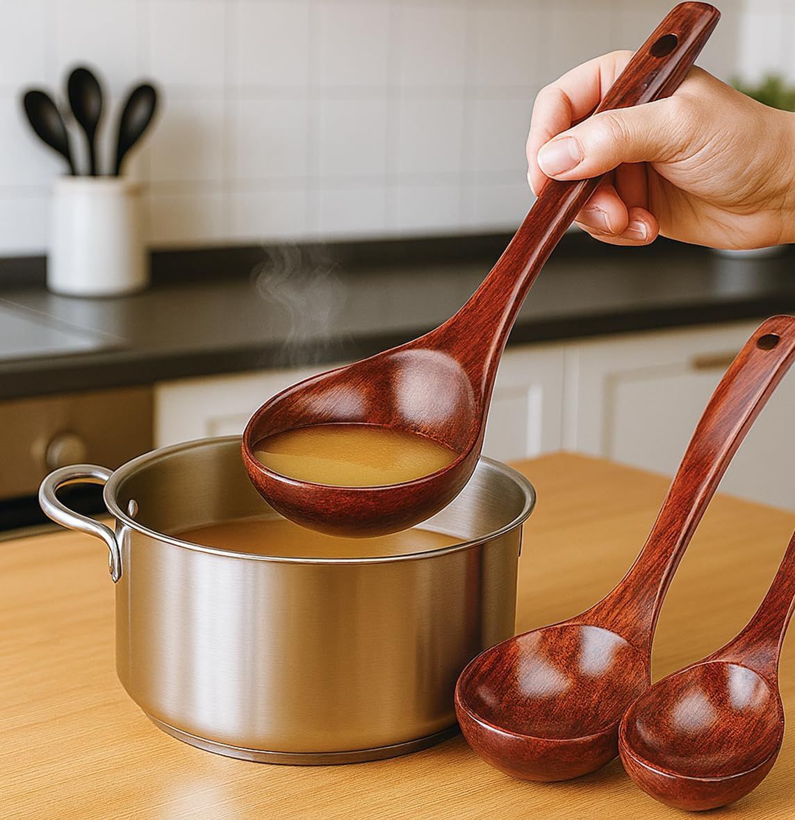 Wooden Ladle for Soup, 3 Size Wooden Spoons for Deep Pot & Bowl, Heat Resistant Handles, Non-Stick Wood Kitchen Utensils Set for Cooking, Serving and Stirring Thick Stews, House Warming Gifts - Image 2