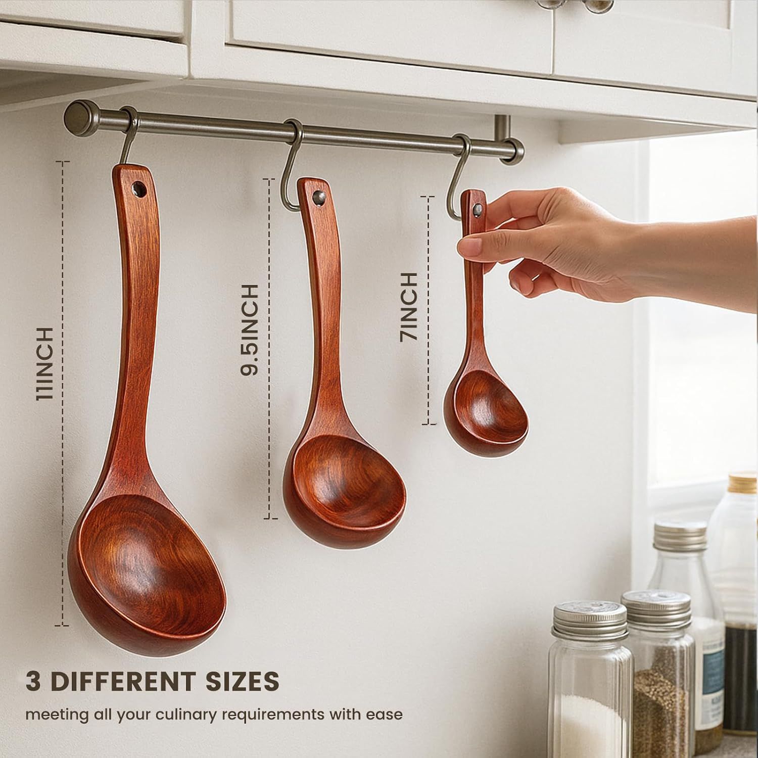 Wooden Ladle for Soup, 3 Size Wooden Spoons for Deep Pot & Bowl, Heat Resistant Handles, Non-Stick Wood Kitchen Utensils Set for Cooking, Serving and Stirring Thick Stews, House Warming Gifts - Image 3