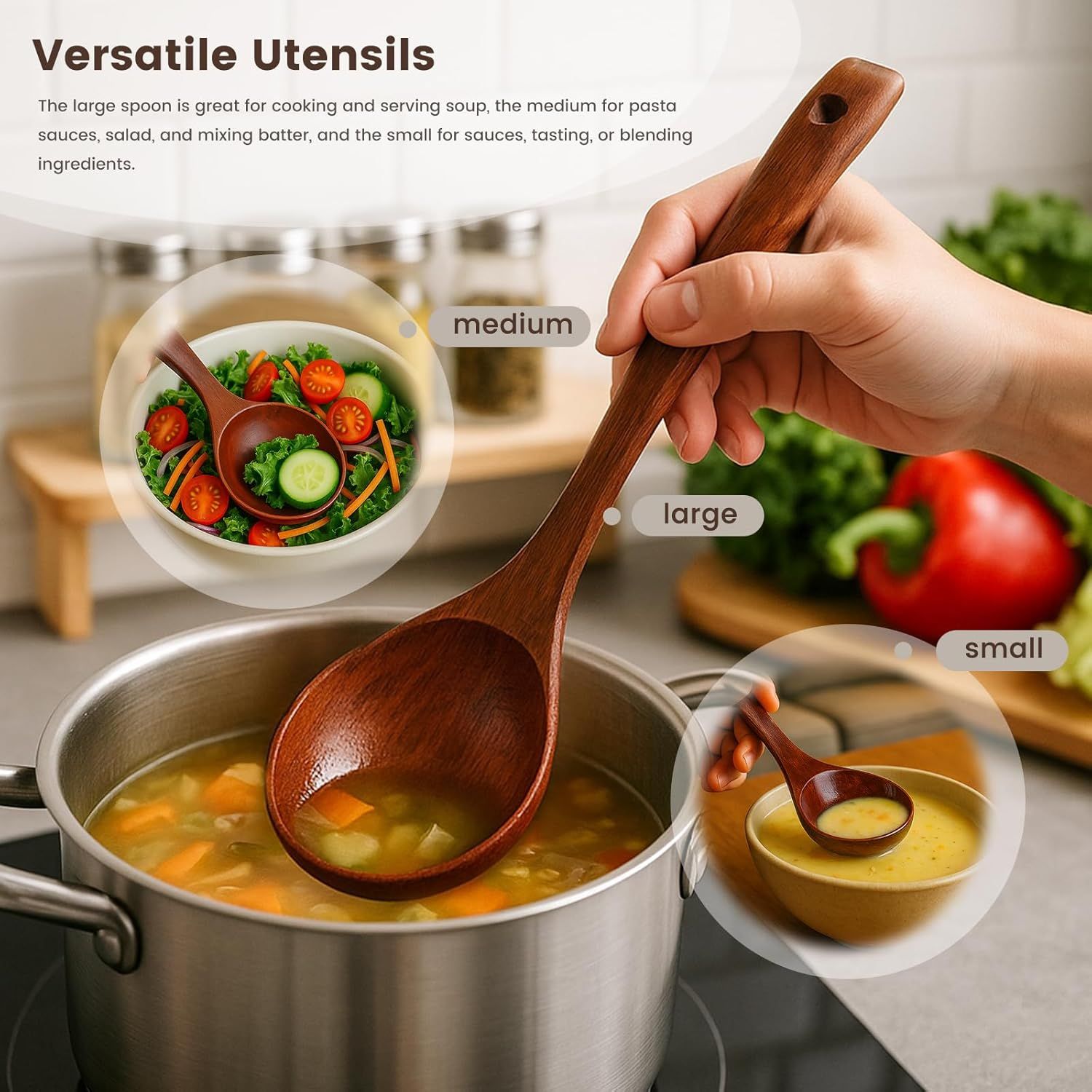 Wooden Ladle for Soup, 3 Size Wooden Spoons for Deep Pot & Bowl, Heat Resistant Handles, Non-Stick Wood Kitchen Utensils Set for Cooking, Serving and Stirring Thick Stews, House Warming Gifts - Image 4