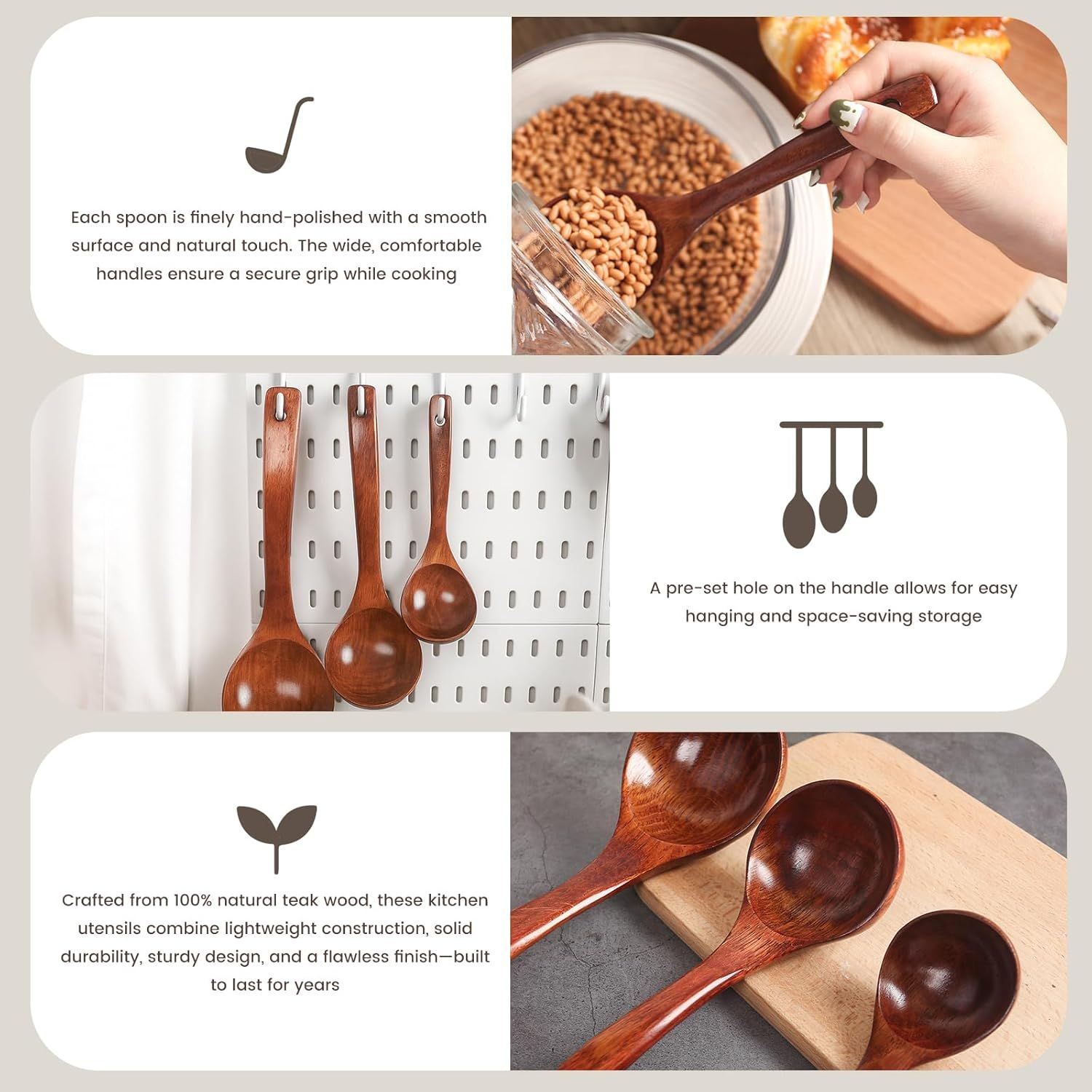 Wooden Ladle for Soup, 3 Size Wooden Spoons for Deep Pot & Bowl, Heat Resistant Handles, Non-Stick Wood Kitchen Utensils Set for Cooking, Serving and Stirring Thick Stews, House Warming Gifts - Image 7