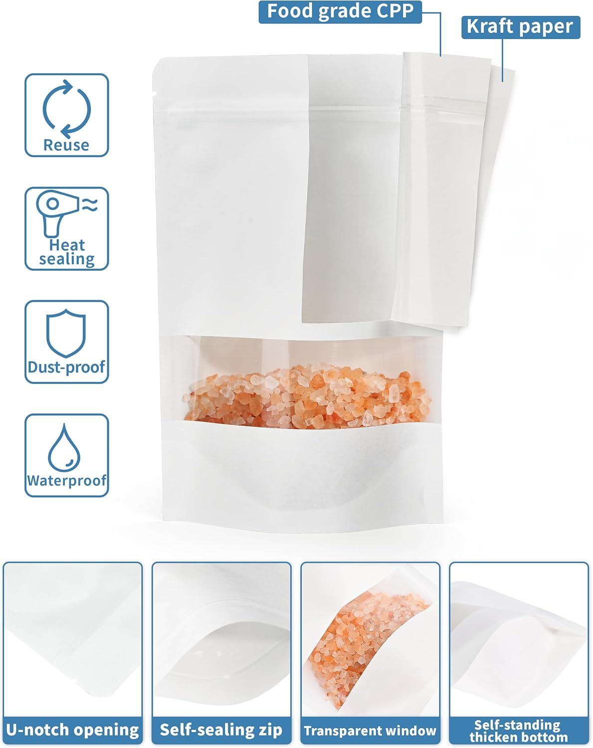 100 Pcs White Paper Bags with Window, 7.9