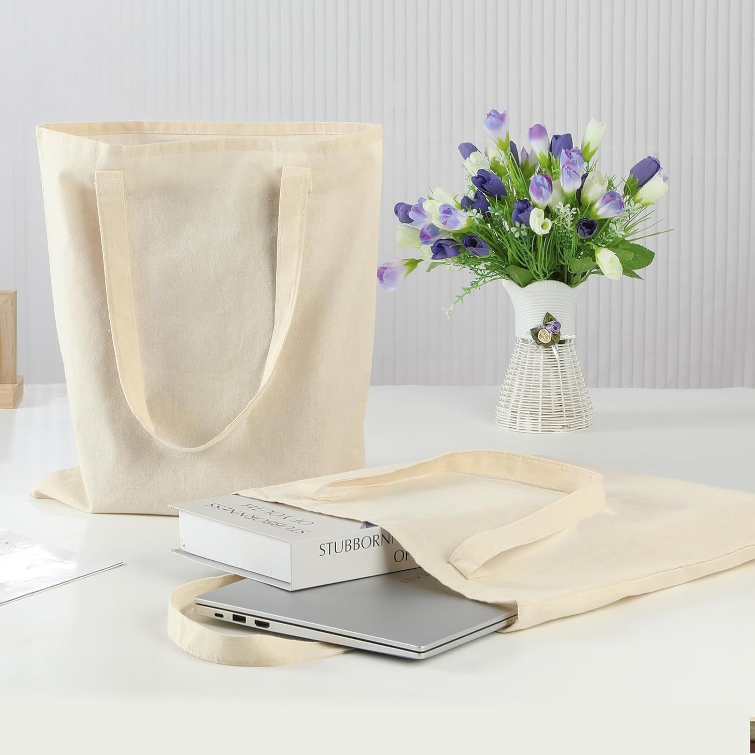12 Pack Canvas Tote Bag - Lightweight Thin Tote Bags Bulk Blank Shopping Reusable Grocery Bags for DIY Gift Sublimation Activity - Beige - Image 4