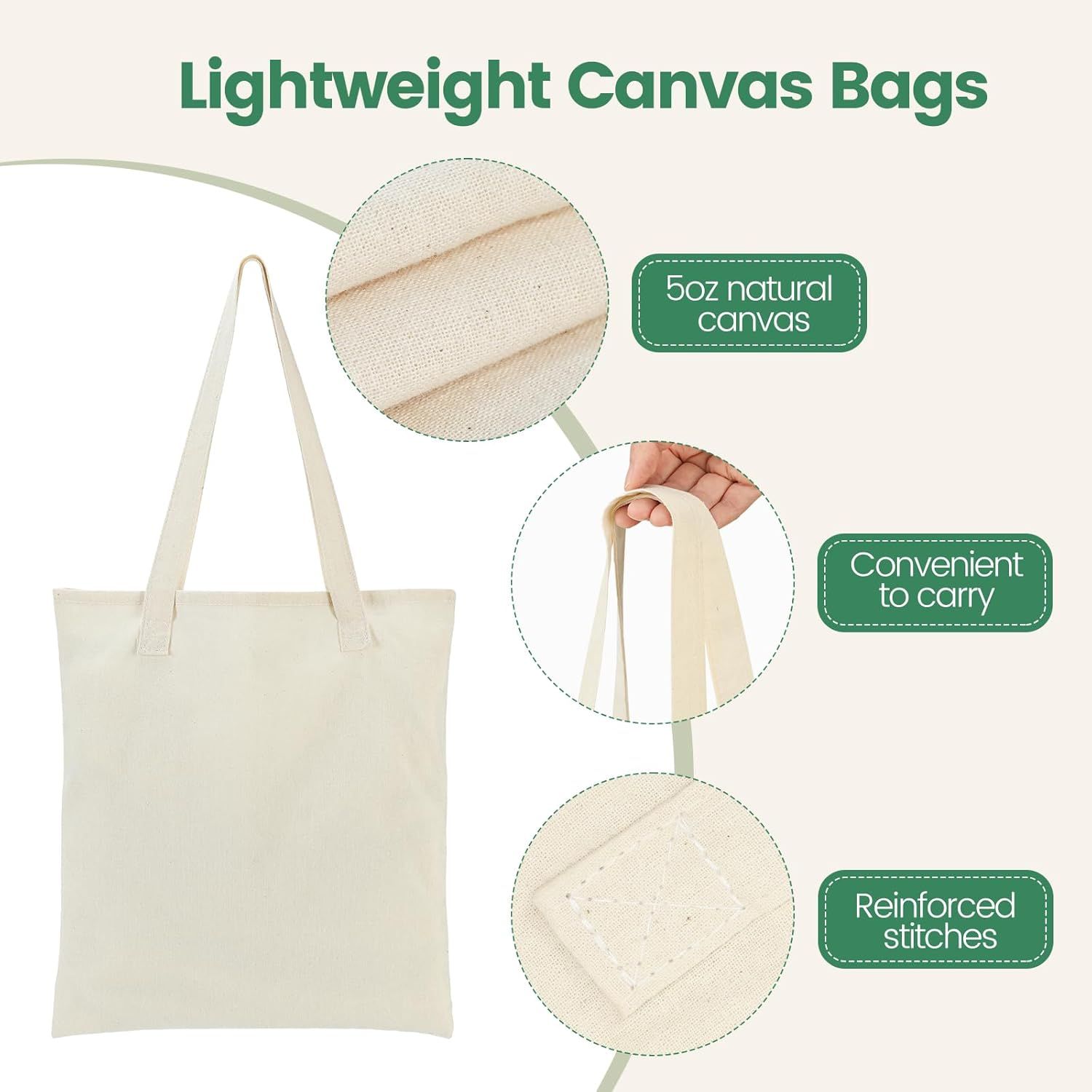 12 Pack Canvas Tote Bag - Lightweight Thin Tote Bags Bulk Blank Shopping Reusable Grocery Bags for DIY Gift Sublimation Activity - Beige - Image 5