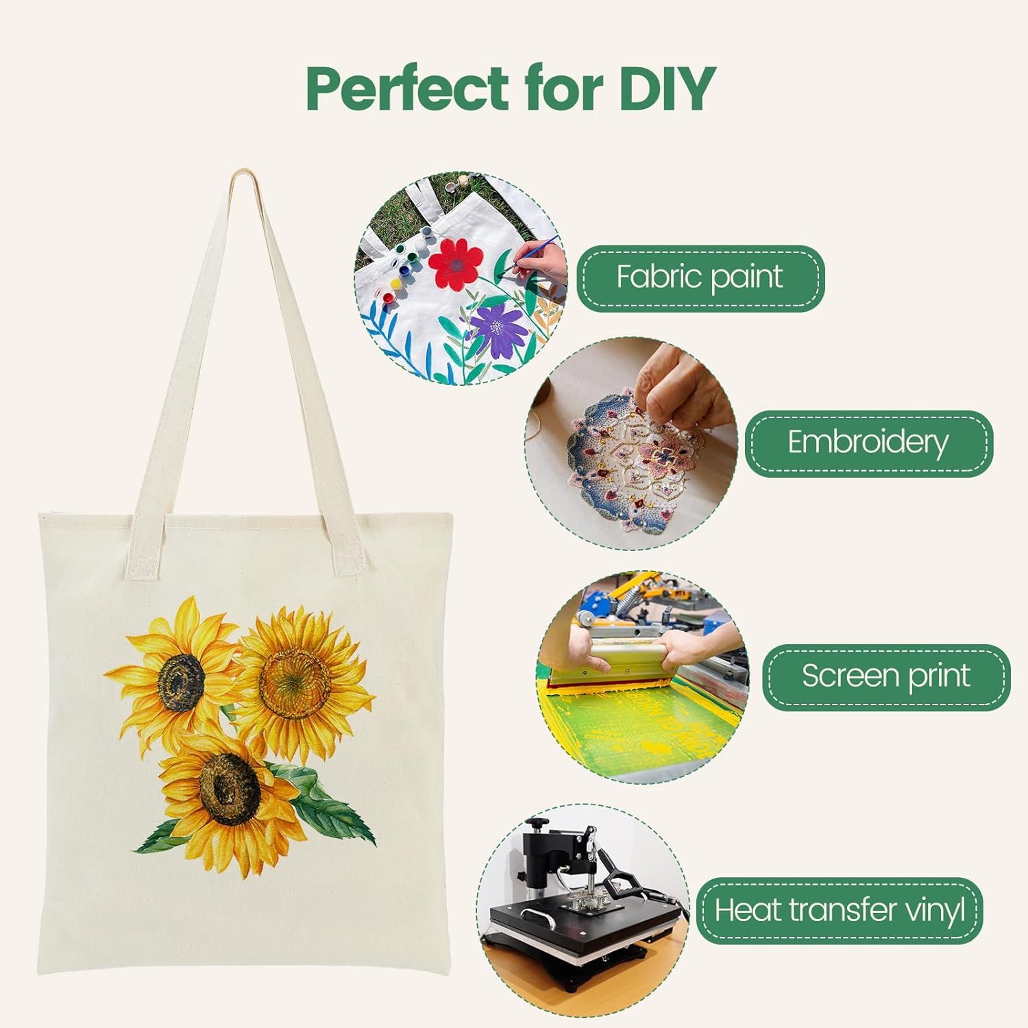 12 Pack Canvas Tote Bag - Lightweight Thin Tote Bags Bulk Blank Shopping Reusable Grocery Bags for DIY Gift Sublimation Activity - Beige - Image 6