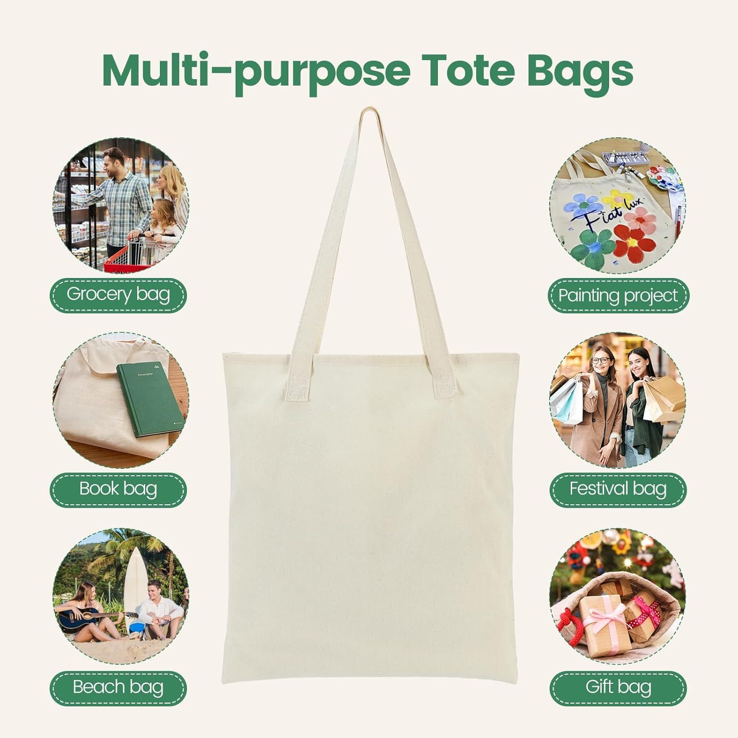 12 Pack Canvas Tote Bag - Lightweight Thin Tote Bags Bulk Blank Shopping Reusable Grocery Bags for DIY Gift Sublimation Activity - Beige - Image 7
