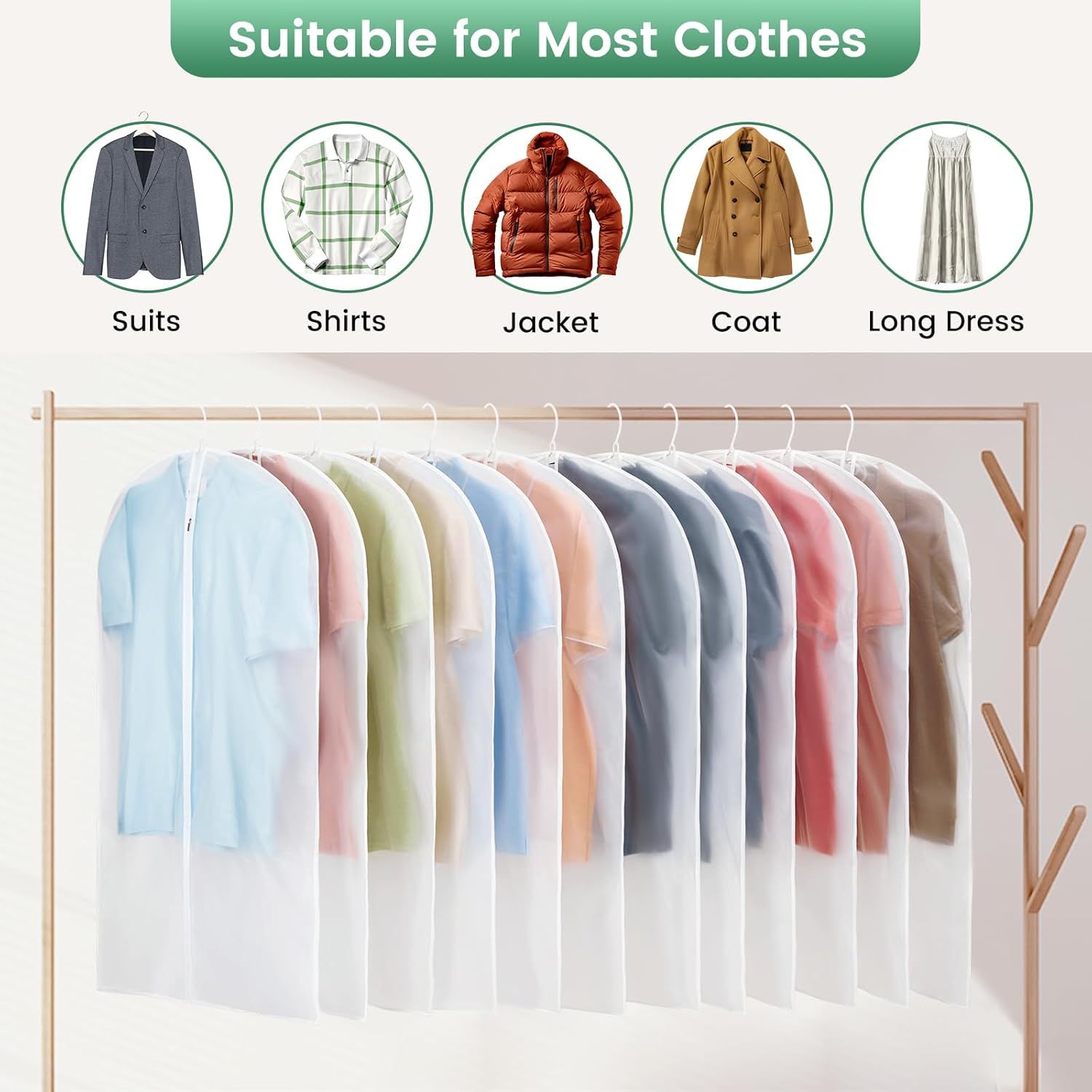 12 Pack Garment Bags for Hanging Clothes - Translucent Suit Bag for Closet Wardrobe Storage Travel - 24