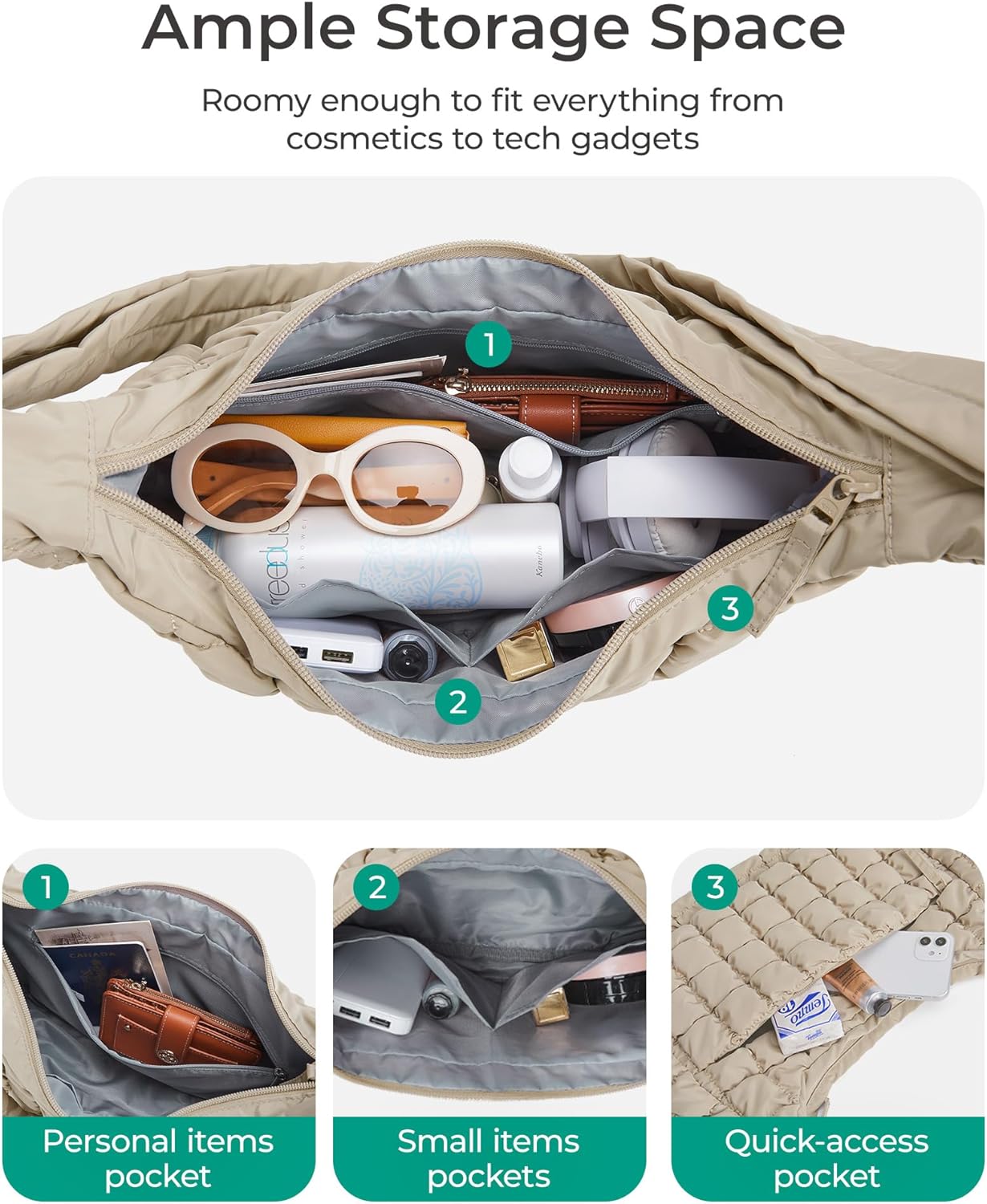 Quilted Crossbody Bag for Women, Lightweight Puffer Purse for Travel, Daily Use & Work | Water-resistant, Puffy Shoulder Bag, w/ Adjustable Strap, Light & Comfortable, Hands-free Bags, Travel Essentials - Image 6