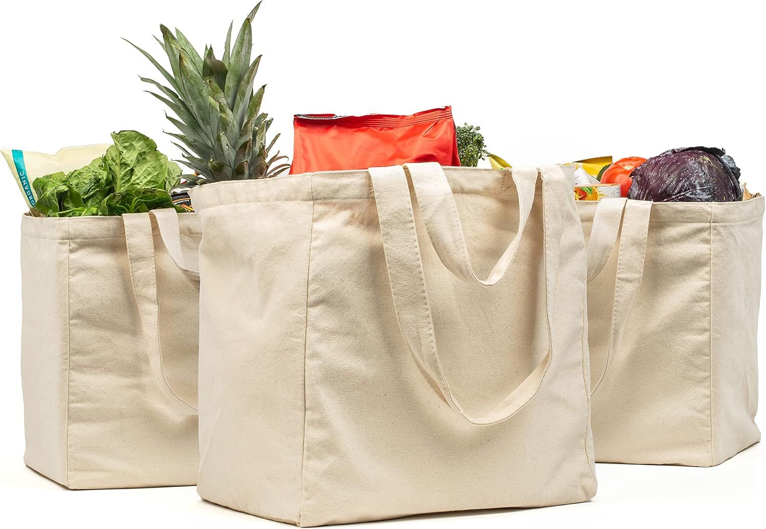 Canvas Grocery Bag 3pc XL Set with Real Pockets, Long Shoulder Strap and Short Handle. Heavy Duty, Foldable, Washable - Image 1