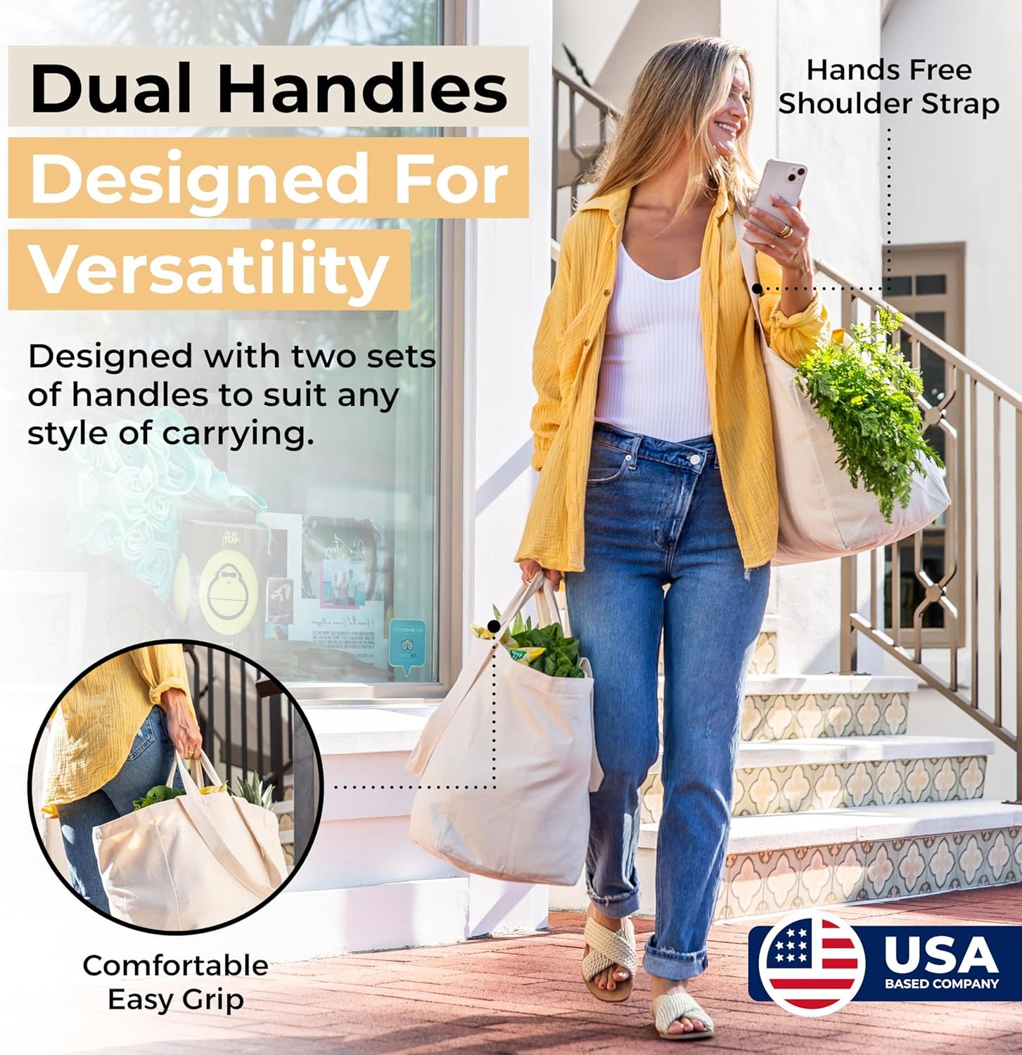 Canvas Grocery Bag 3pc XL Set with Real Pockets, Long Shoulder Strap and Short Handle. Heavy Duty, Foldable, Washable - Image 2