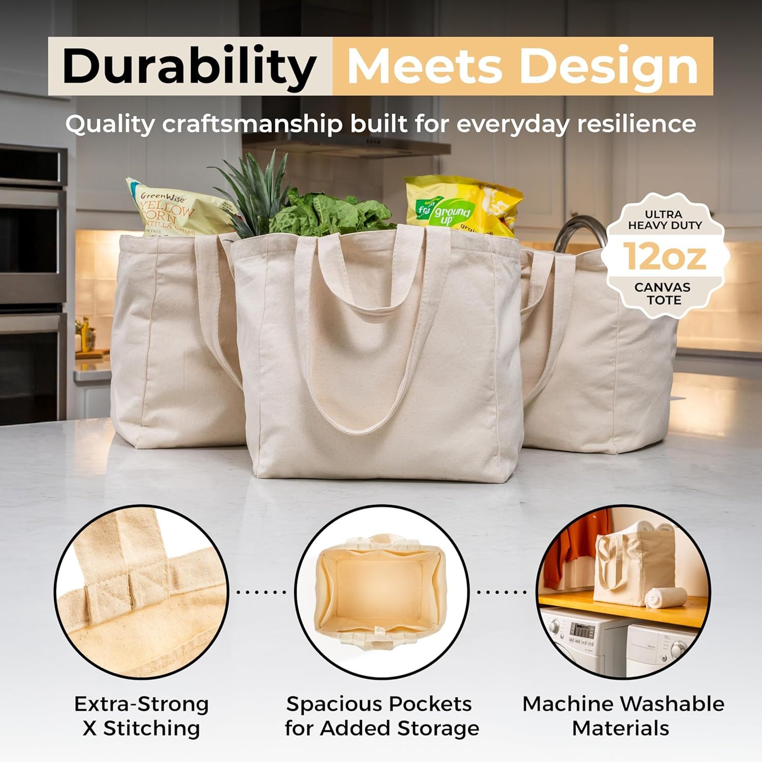 Canvas Grocery Bag 3pc XL Set with Real Pockets, Long Shoulder Strap and Short Handle. Heavy Duty, Foldable, Washable - Image 3