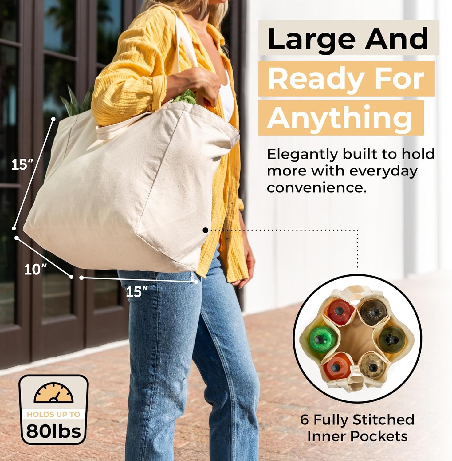 Canvas Grocery Bag 3pc XL Set with Real Pockets, Long Shoulder Strap and Short Handle. Heavy Duty, Foldable, Washable - Image 4